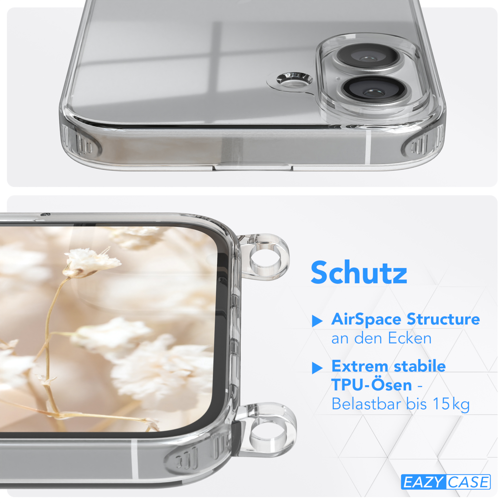 Eine transparente Handyhülle mit einem Telefon im Inneren, die Kamera und den Rand der Hülle zeigt.