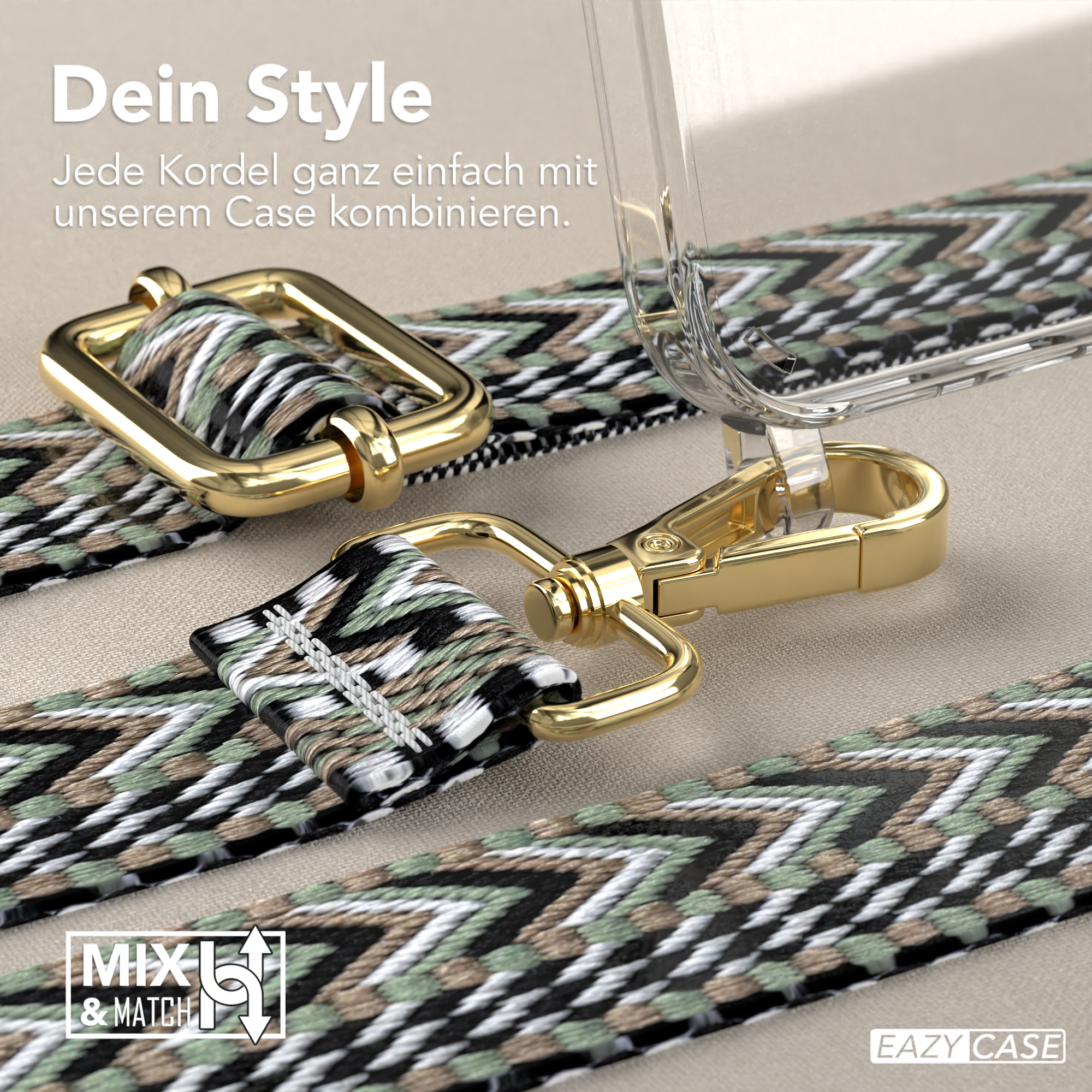 Eine Handyhülle mit grün-schwarzem Riemen, die das Design und die Metallbeschläge zeigt.