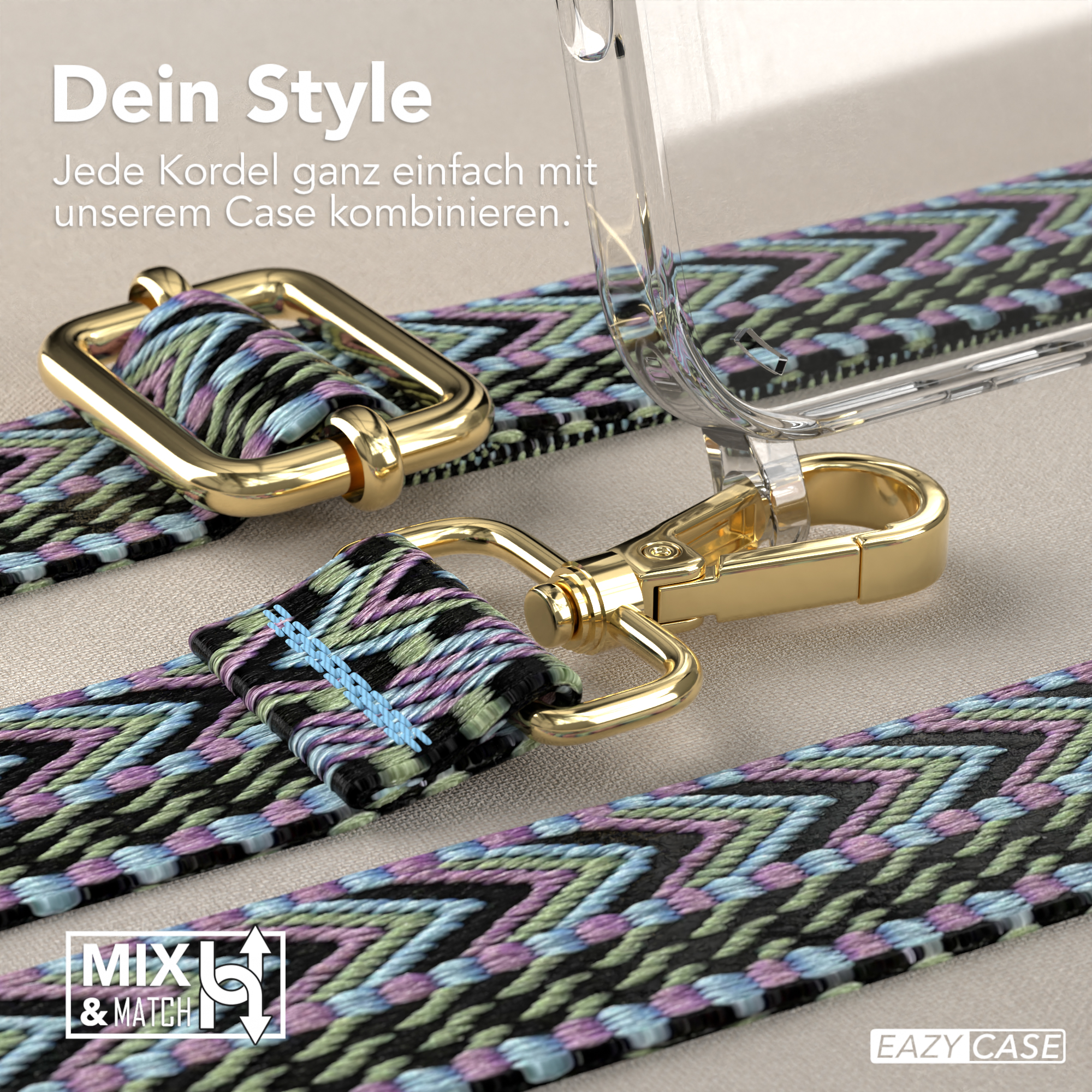 Nahaufnahme eines Telefonriemens mit blauem, schwarzem und rosa Muster, gehalten von einer goldenen Schnalle.