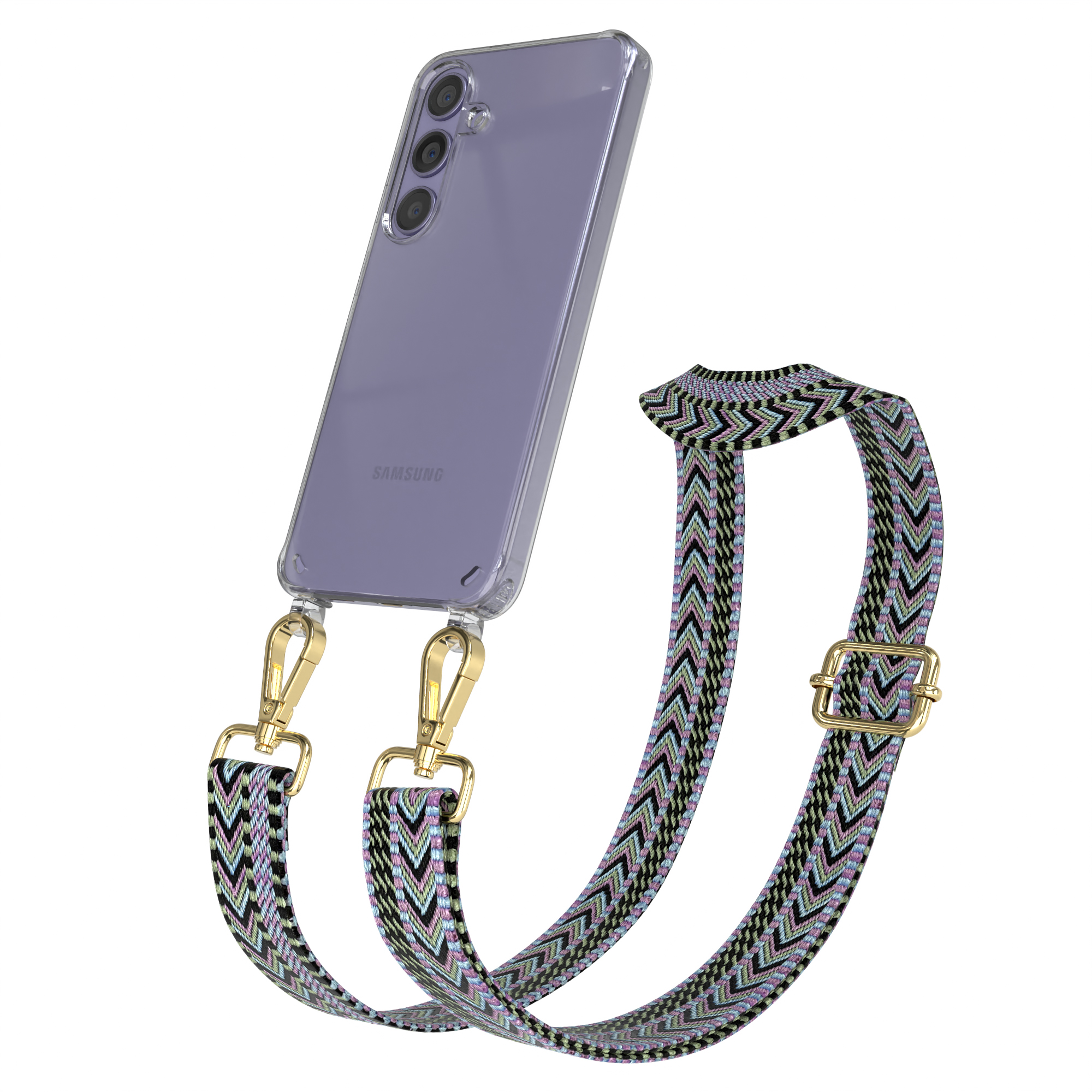 Eine transparente Handyhülle mit einem Samsung-Handy, ein gemusterter Riemen mit goldenen Verschlüssen. Der Riemen hat ein Zickzackmuster.