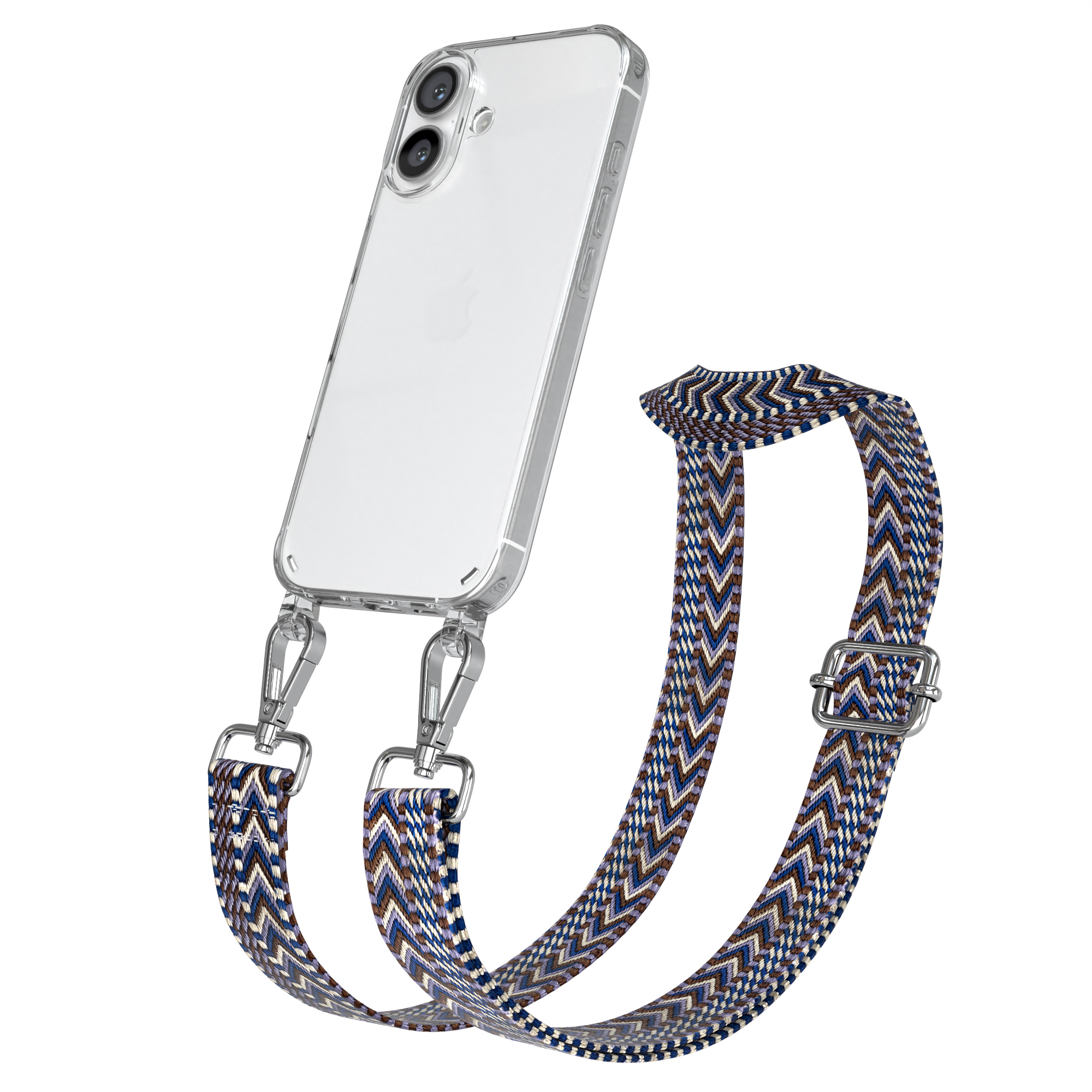 Ein Telefon mit Hülle und Riemen. Der Riemen ist mit blauen, braunen und weißen Zickzacks gemustert.