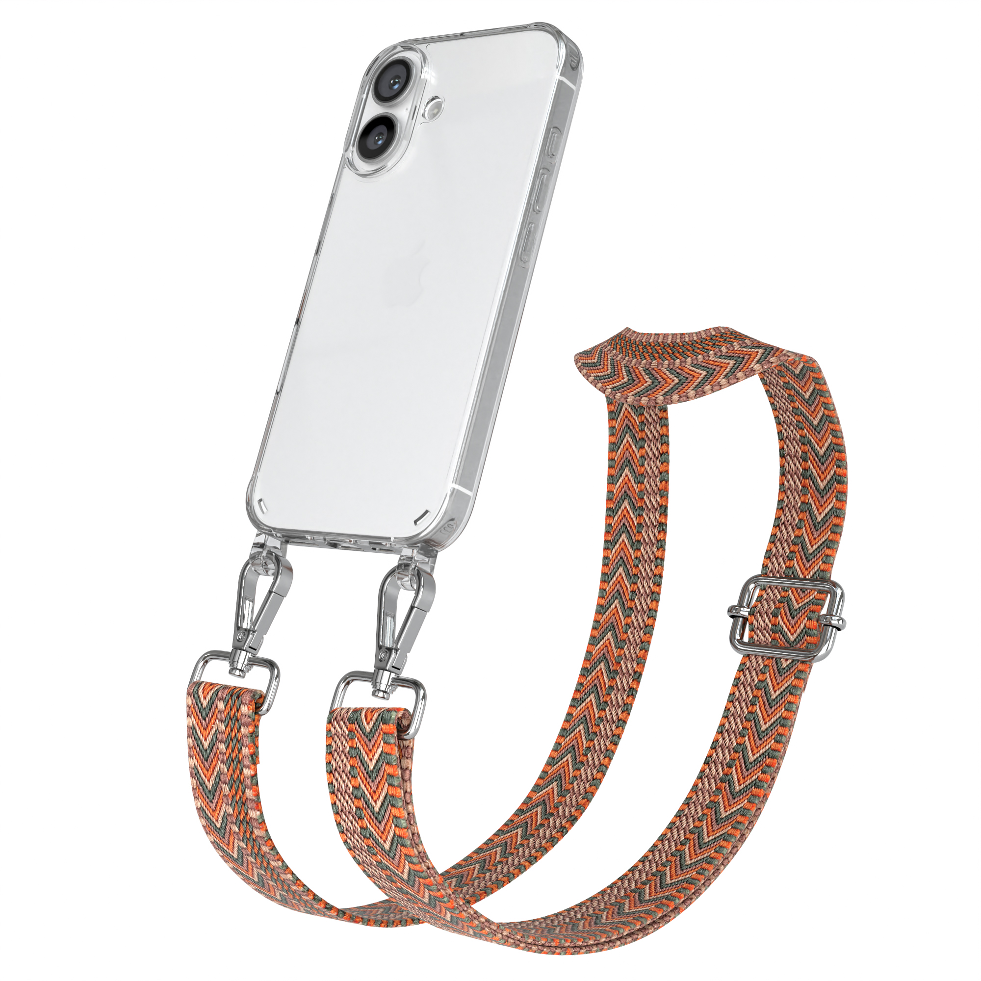 Ein Telefon mit transparentem Gehäuse und orange-grauem Riemen wird gezeigt. Silberne Verschlüsse und eine Schnalle sind sichtbar.