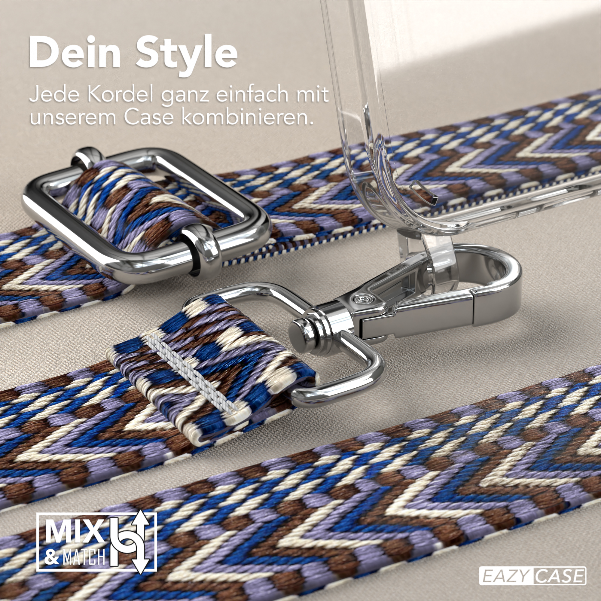 Nahaufnahme von Telefonriemen und -hülle. Blaue, lila und weiße gemusterte Riemen. Silberner Verschluss.