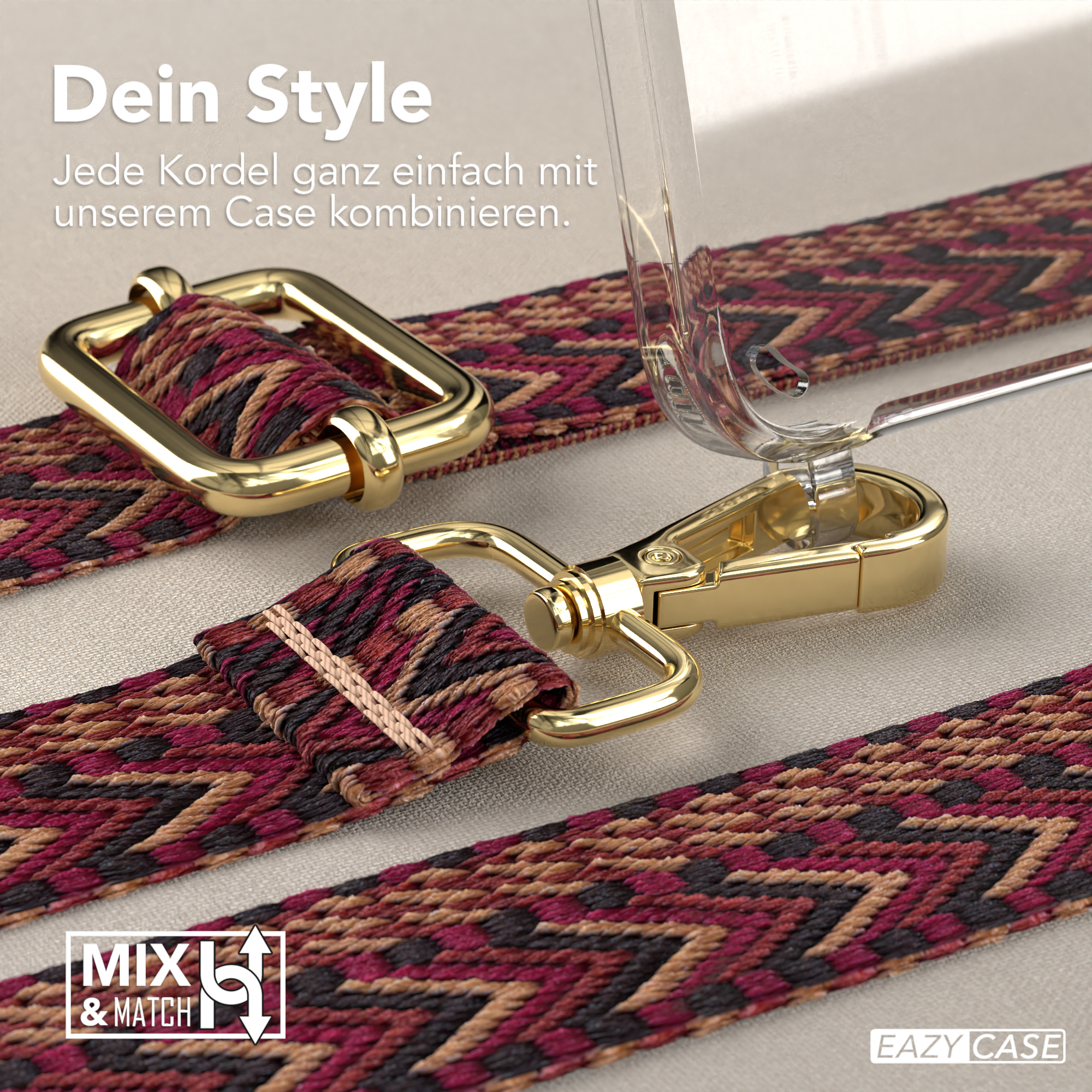 Eine Handyhülle mit Riemen und einem goldenen Verschluss, auf strukturierter Oberfläche.