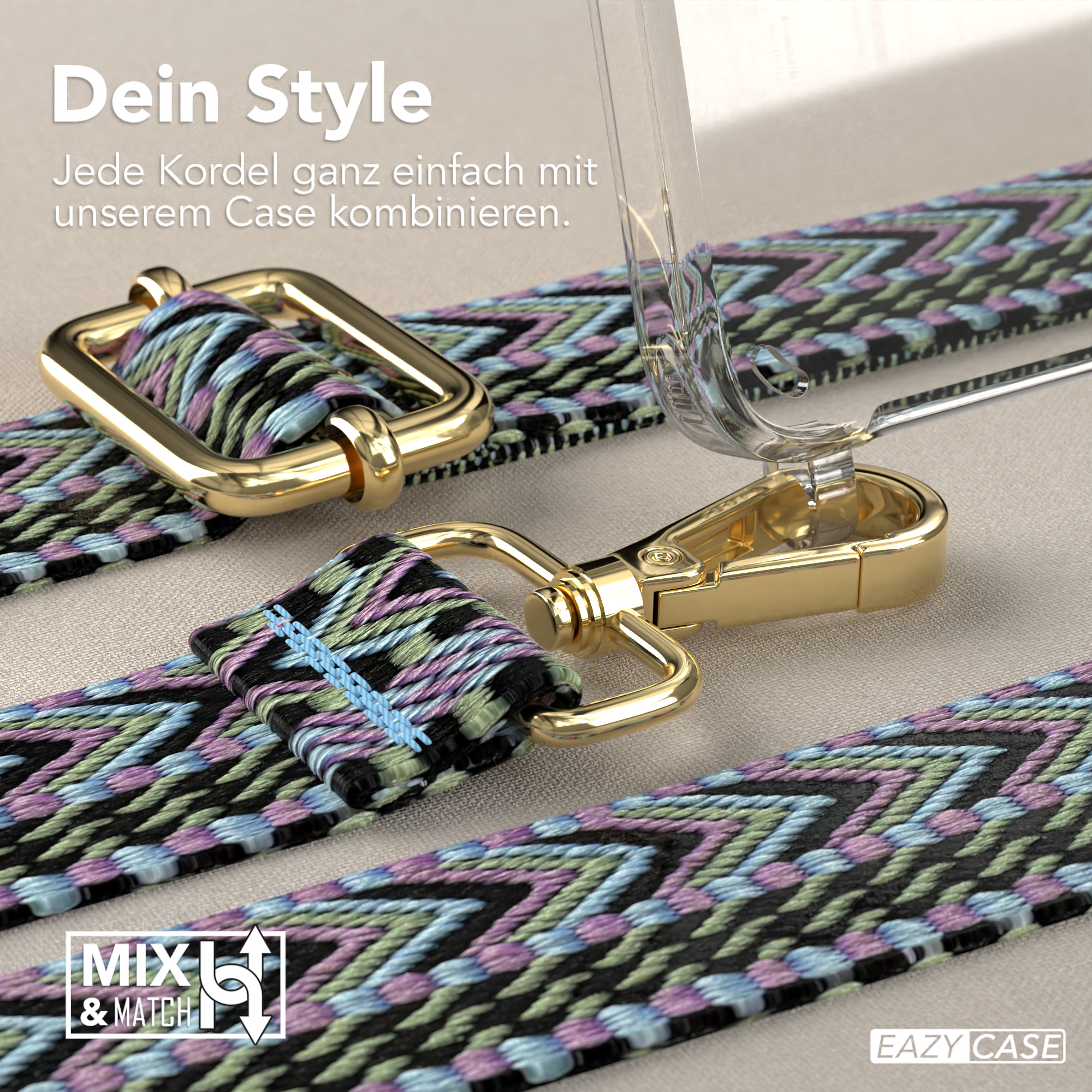 Nahaufnahme einer Handyhülle mit gemustertem Riemen und goldfarbenem Verschluss.