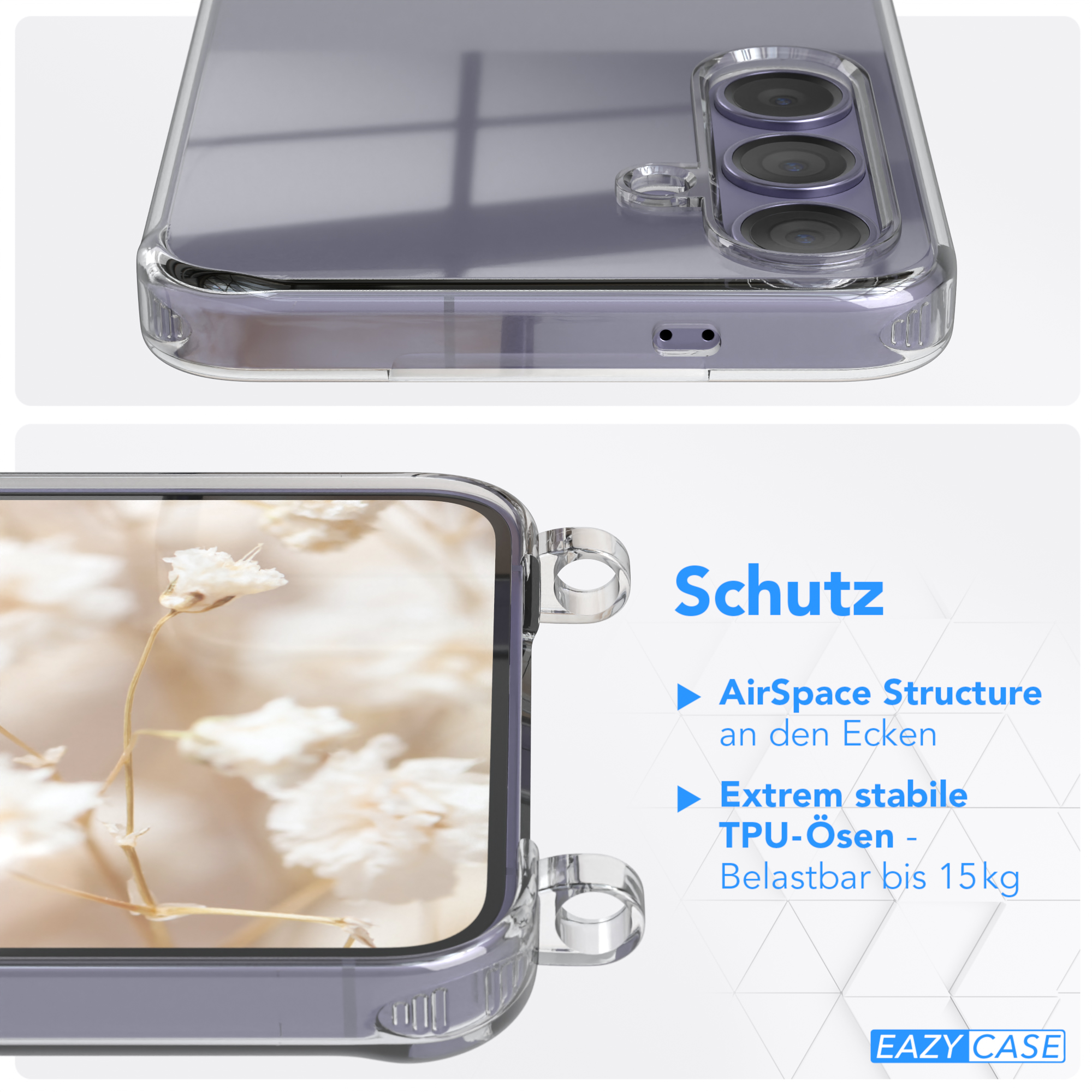 Eine transparente Handyhülle mit Aussparungen für die Kamera und einer Schlaufe für einen Gurt.