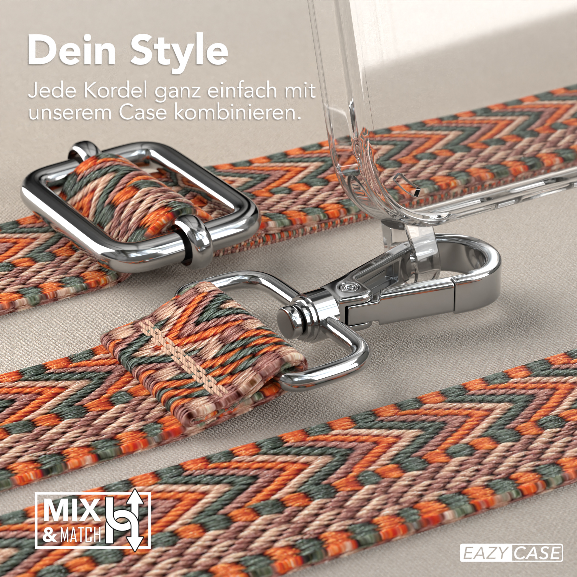 Eine klare Handyhülle mit einem orangefarbenen und grünen Gurt, mit einem Metallverschluss und Details.