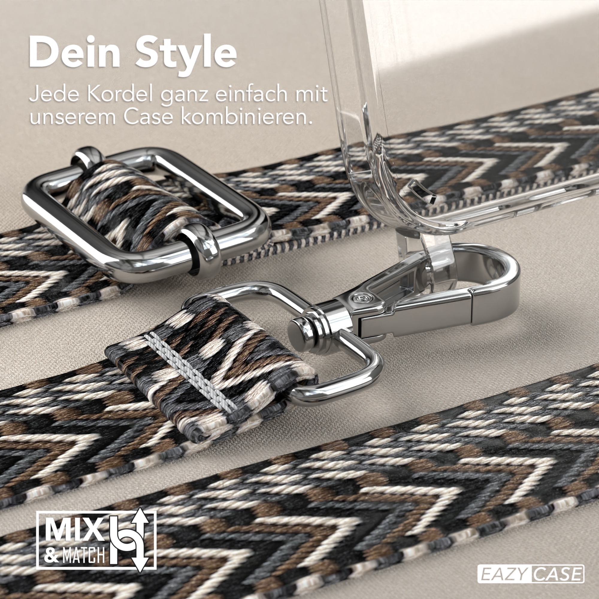 Nahaufnahme der Handyhülle mit Umhängeband. Silberne Metallteile, Mix-and-Match-Muster. Eazy Case Logo.