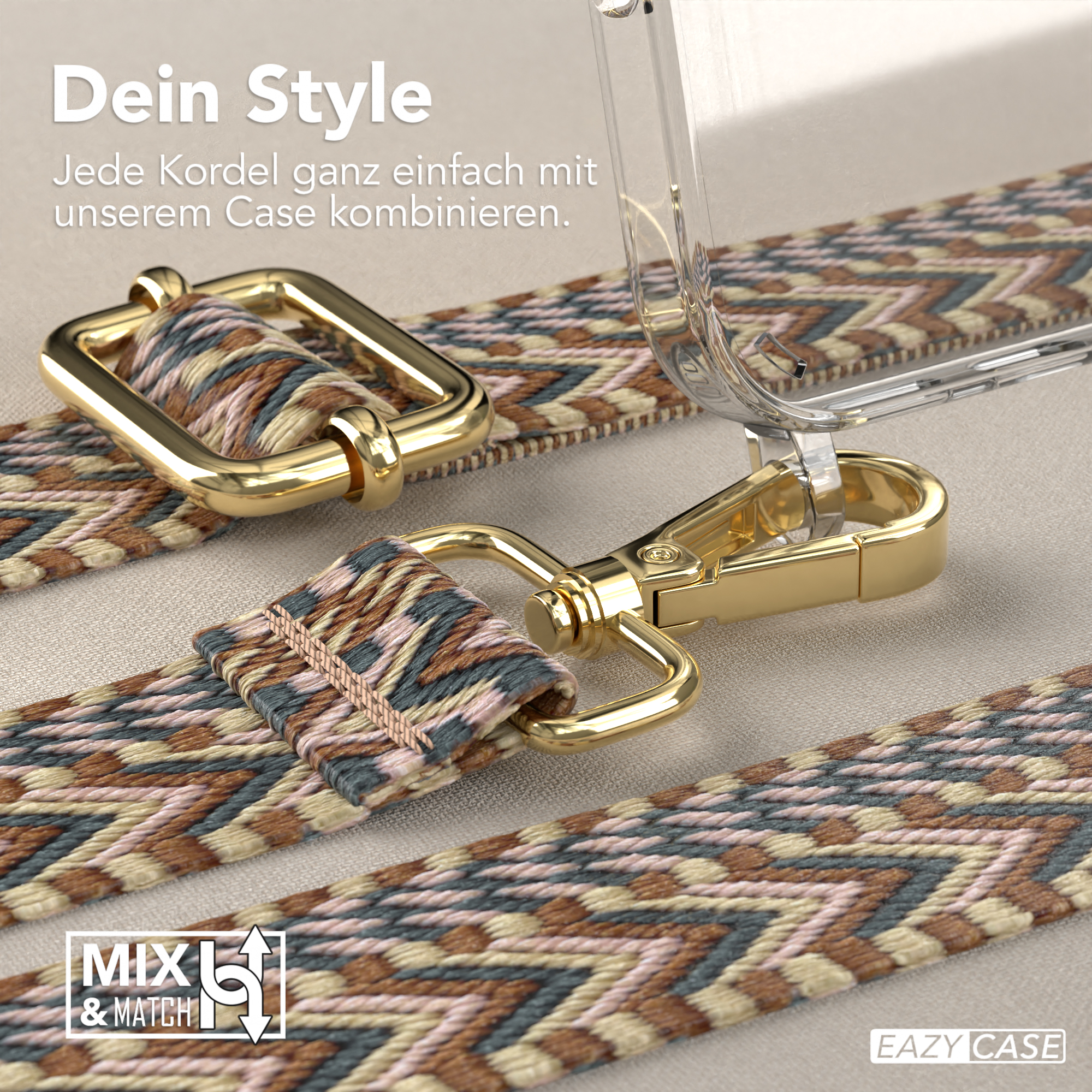 Nahaufnahme einer Handyhülle mit Trageriemen und goldenem Verschluss. Beige, brauner und blauer Musterriemen.