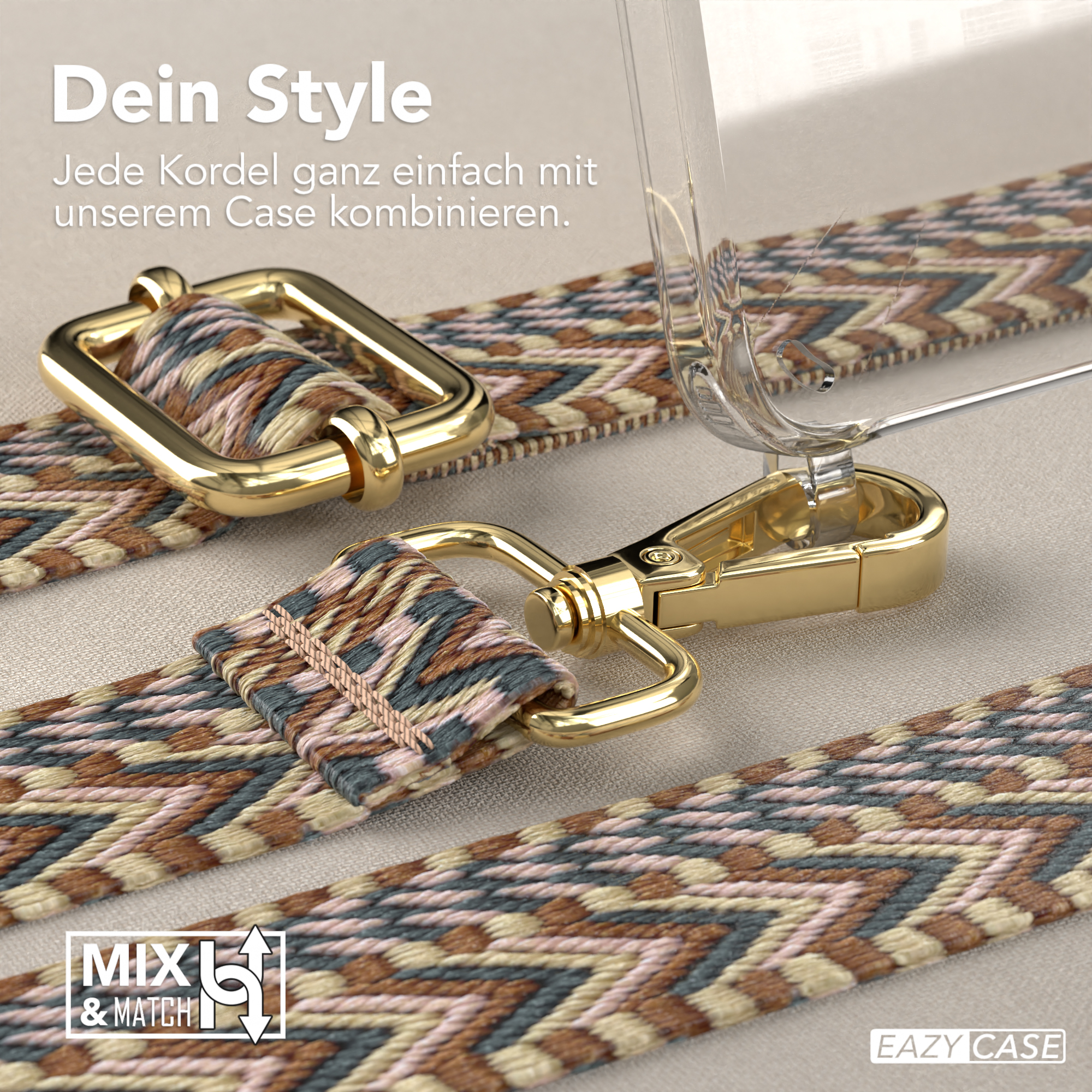 Handyhülle mit Riemen, goldene Hardware. Riemen hat ein lila, grünes und braunes Zickzackmuster.