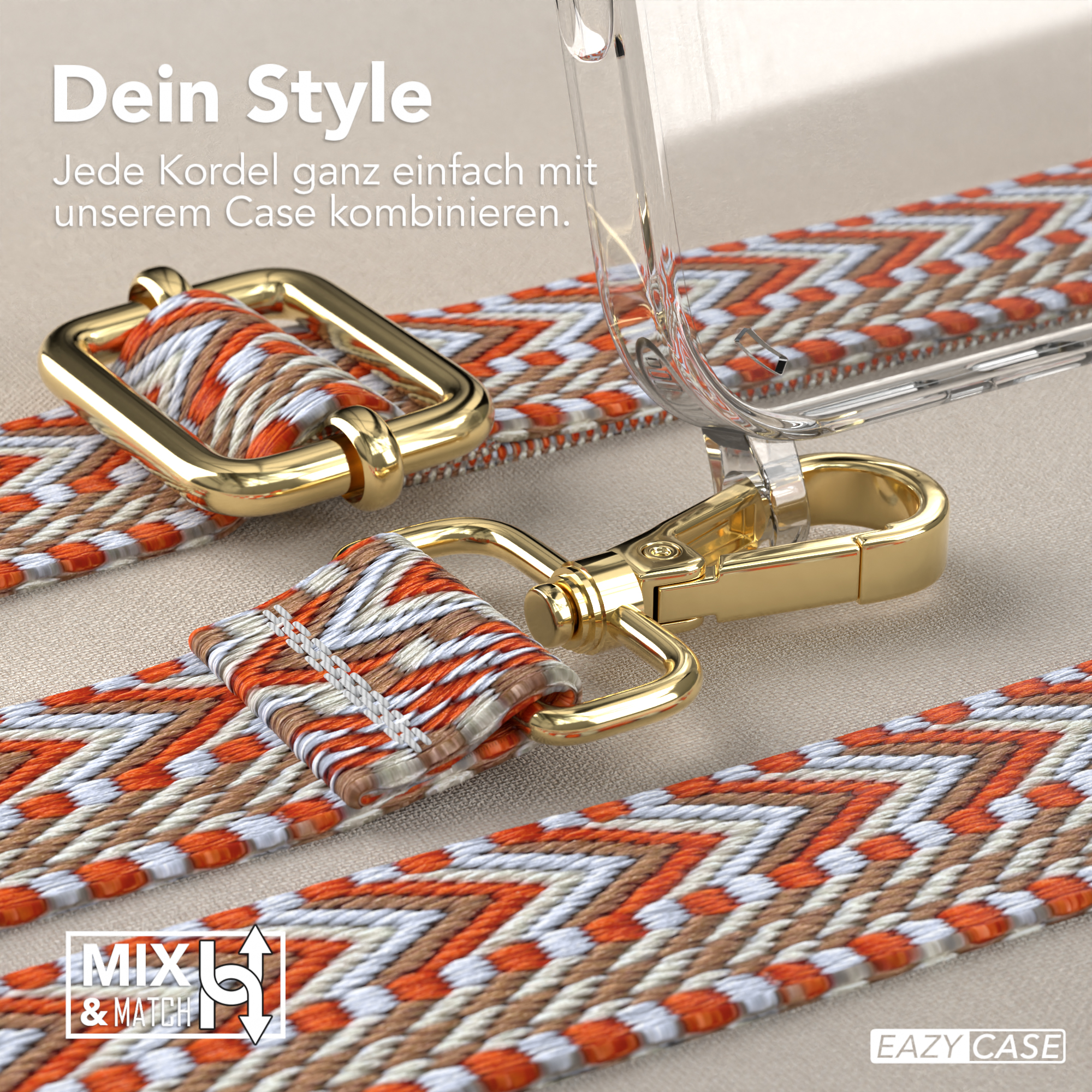 Nahaufnahme von Telefonriemen und Anschlüssen. Die Riemen sind orange und braun. Goldene Verschlüsse sind vorhanden.