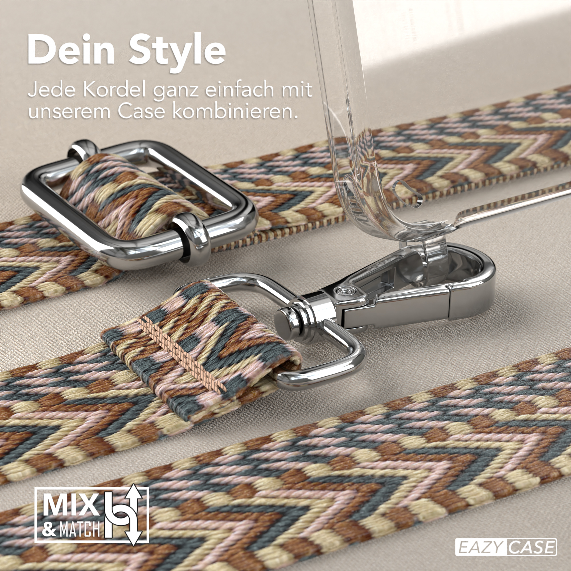 Nahaufnahme von Telefonriemen, Metallclips und Handyhülle. Braunes, beiges und blaues Webmuster.