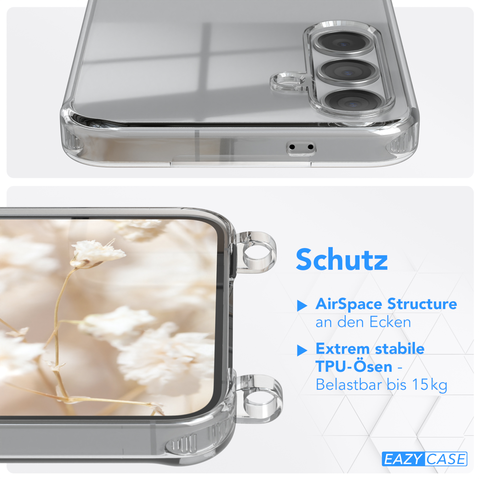 Nahaufnahme einer transparenten Handyhülle mit floralem Hintergrund und dem Text: Schutz.