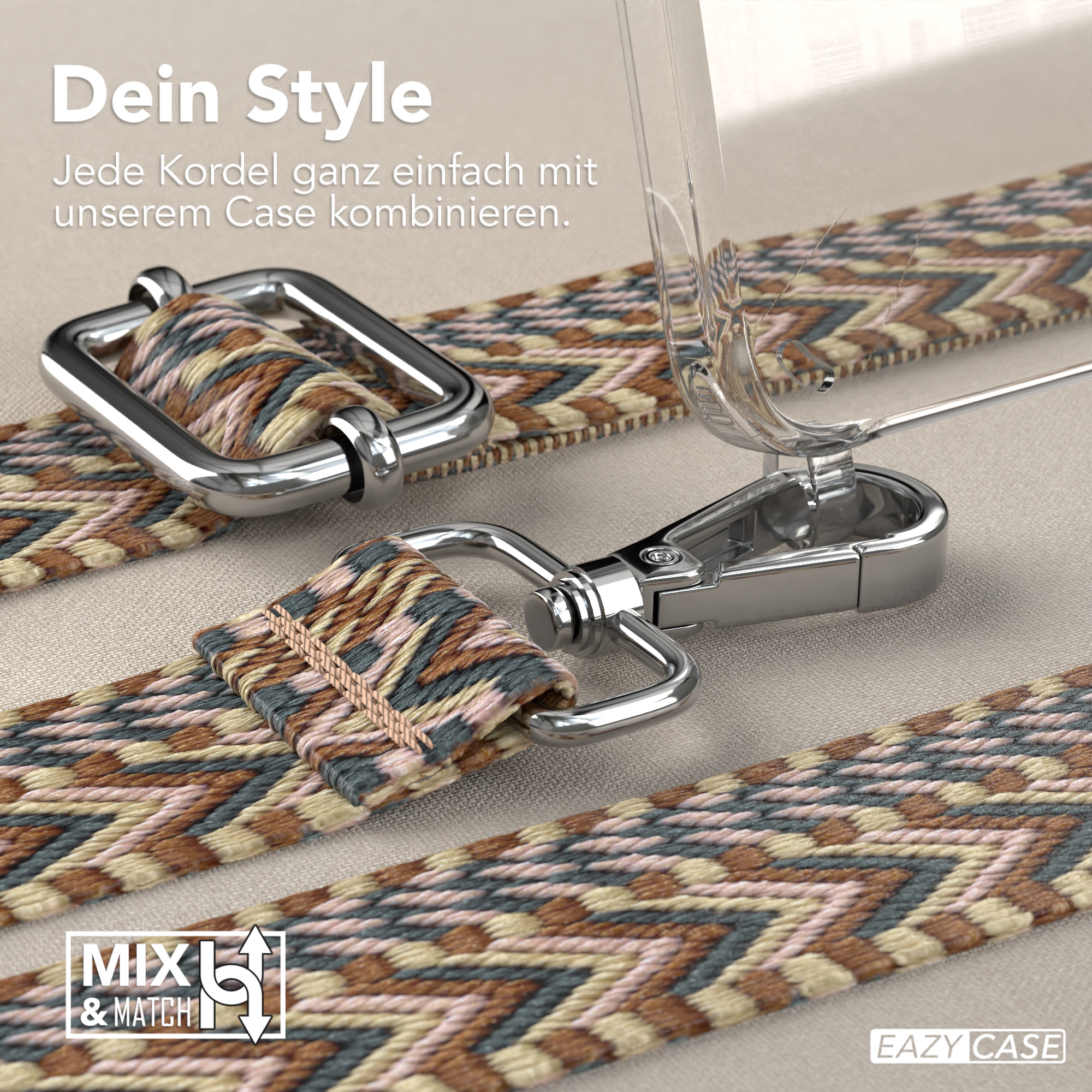 Nahaufnahme von Telefonriemen. Der Text 'Dein Style' und 'Mix & Match' ist sichtbar.