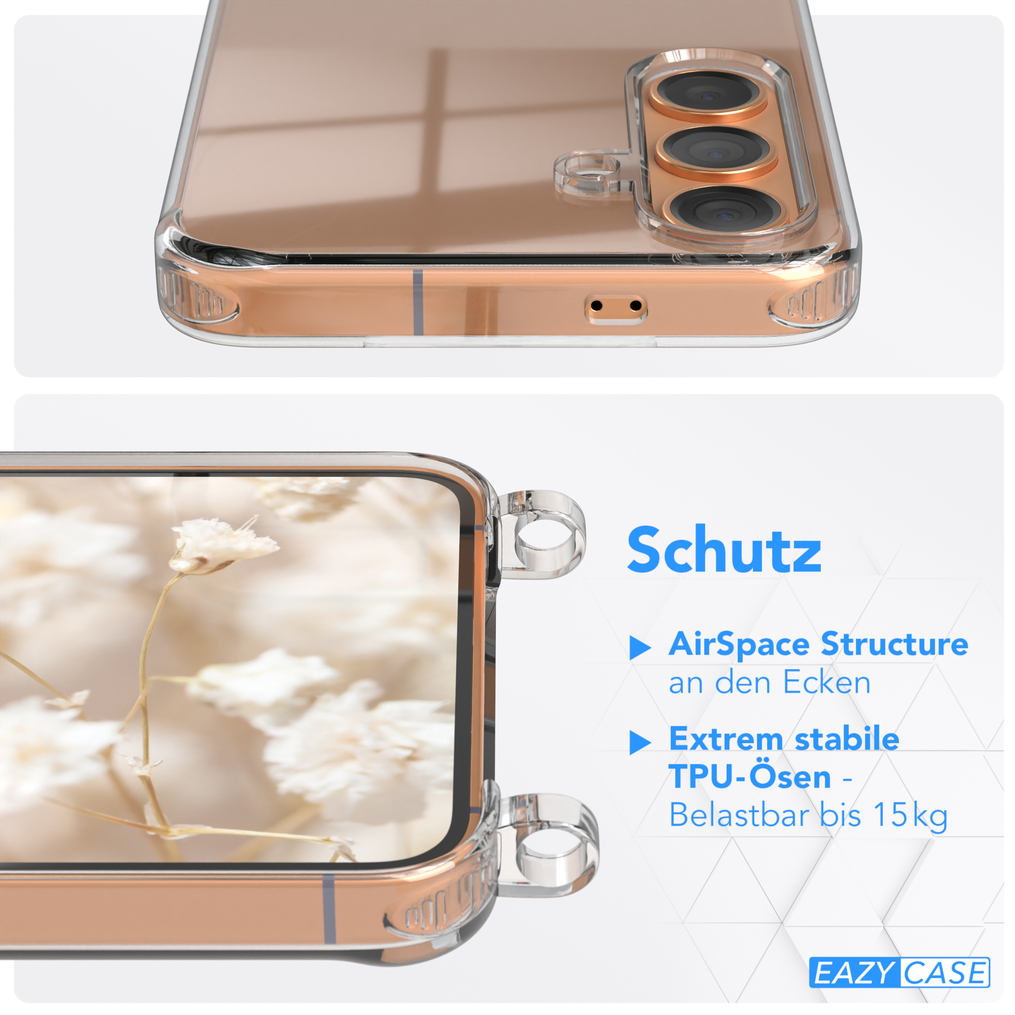 Nahaufnahme einer Handyhülle mit transparentem Design, die die Eigenschaften eines Telefons mit Schutzstruktur zeigt.