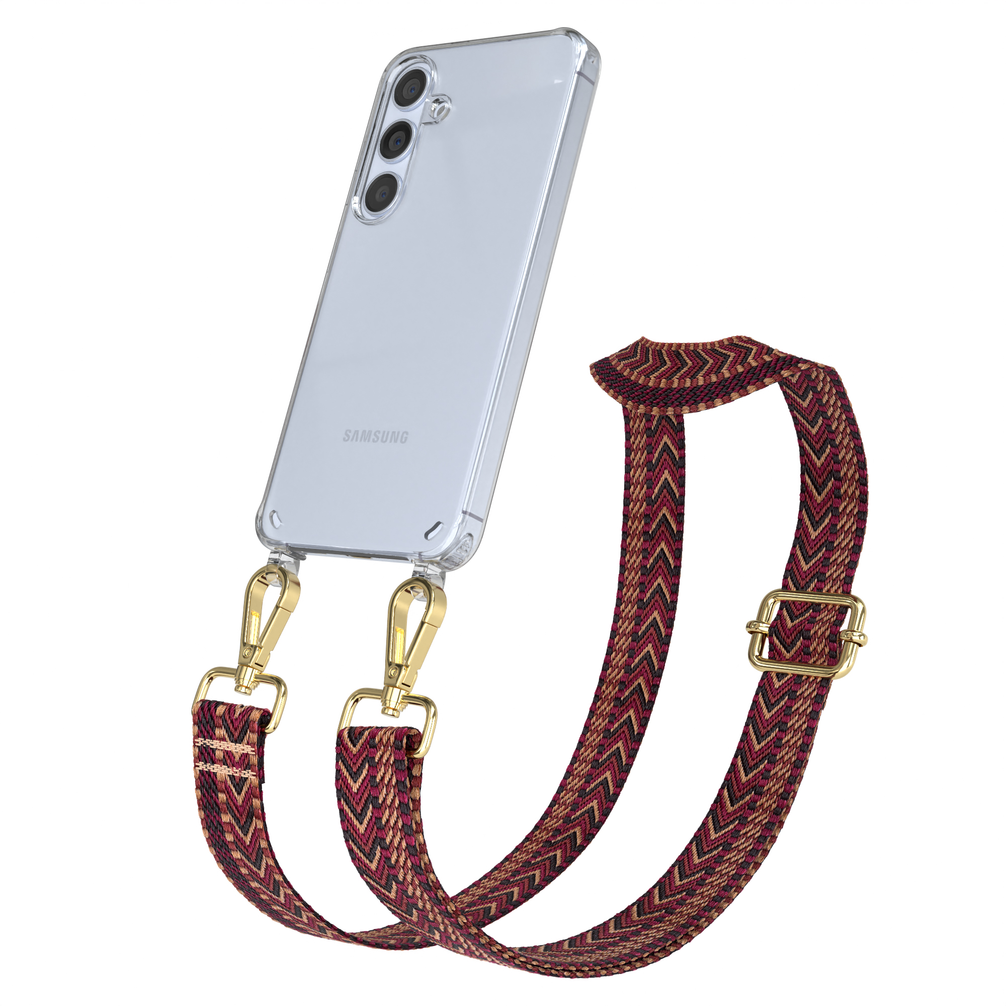 Ein Telefon mit transparentem Gehäuse und einem rotbraunen Riemen. Goldene Verschlüsse und eine Schnalle sind sichtbar.