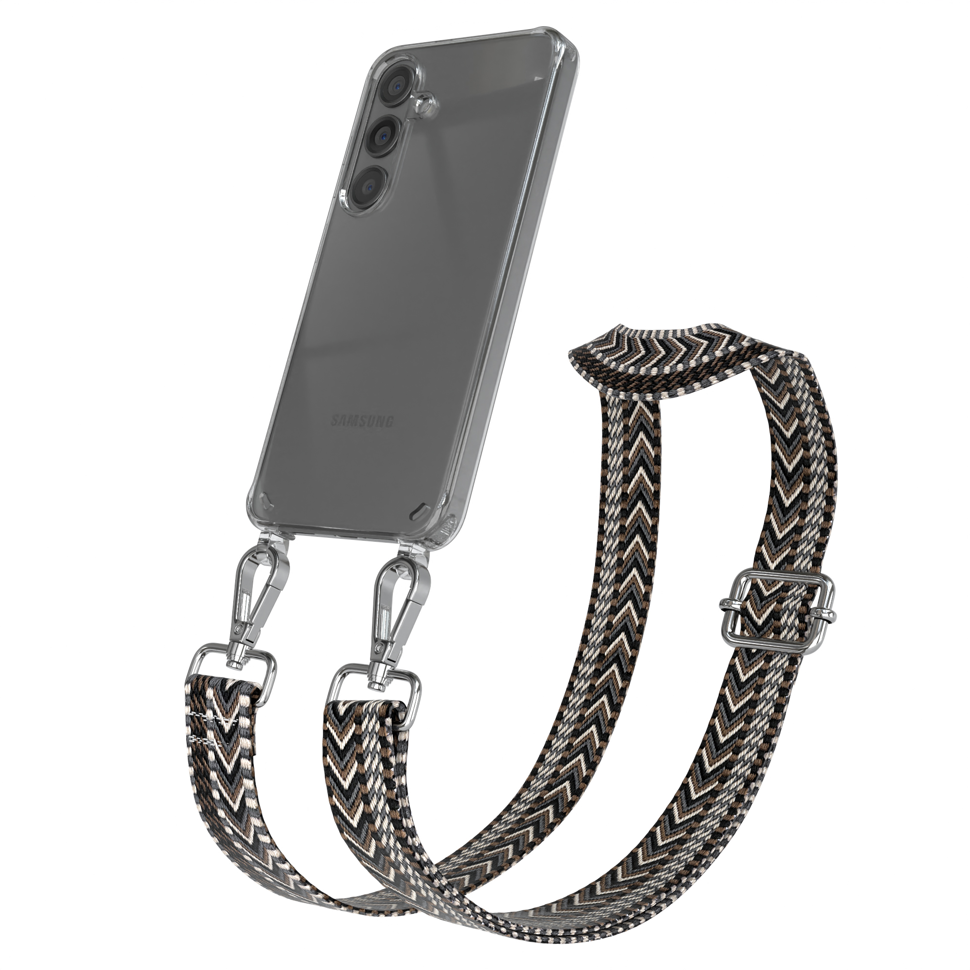 Ein Telefon mit einer transparenten Hülle und einem bunten Riemen mit silbernen Verschlüssen, weißer Hintergrund.