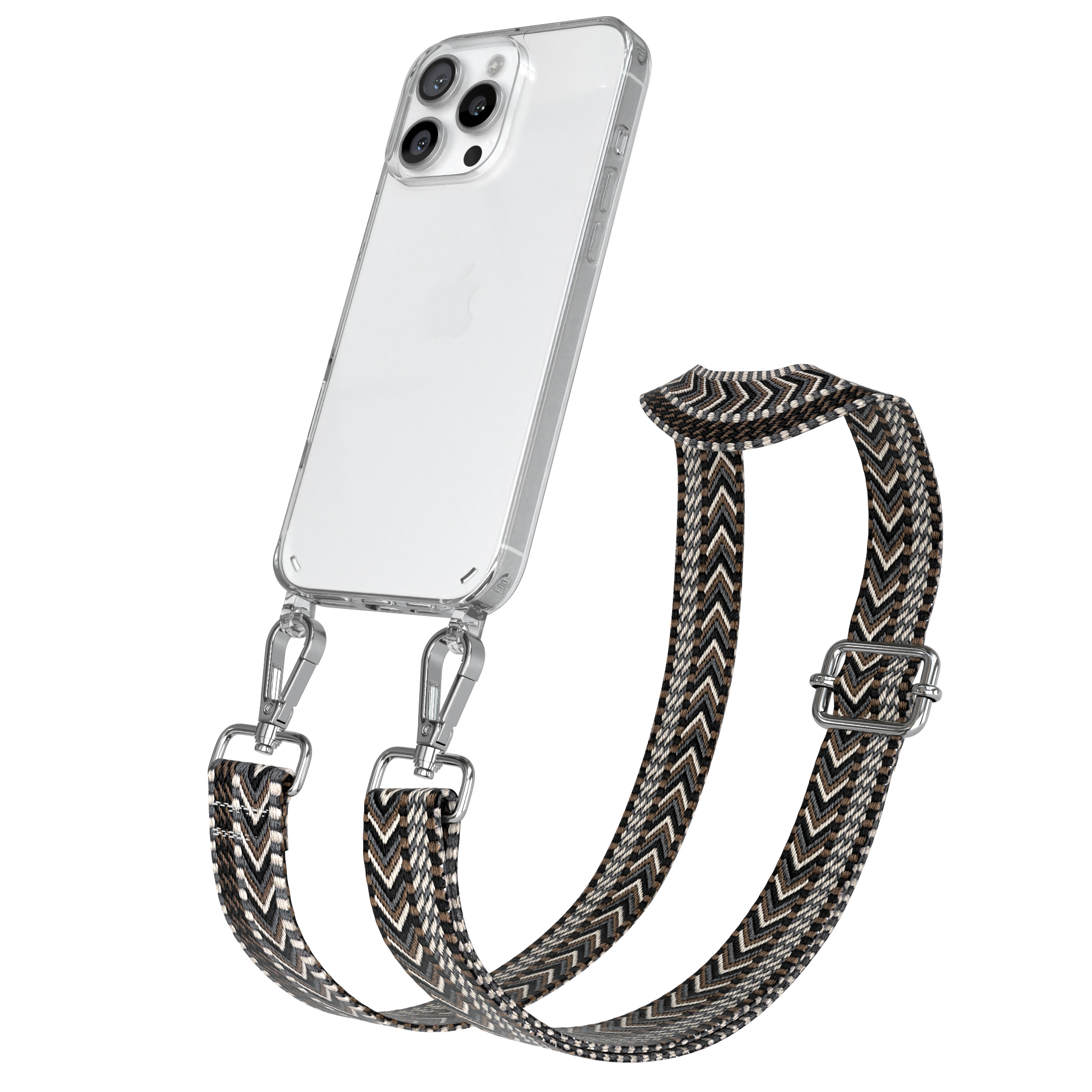 Eine transparente Handyhülle mit Band, mit Telefon und dekorativem Band mit Schnalle.