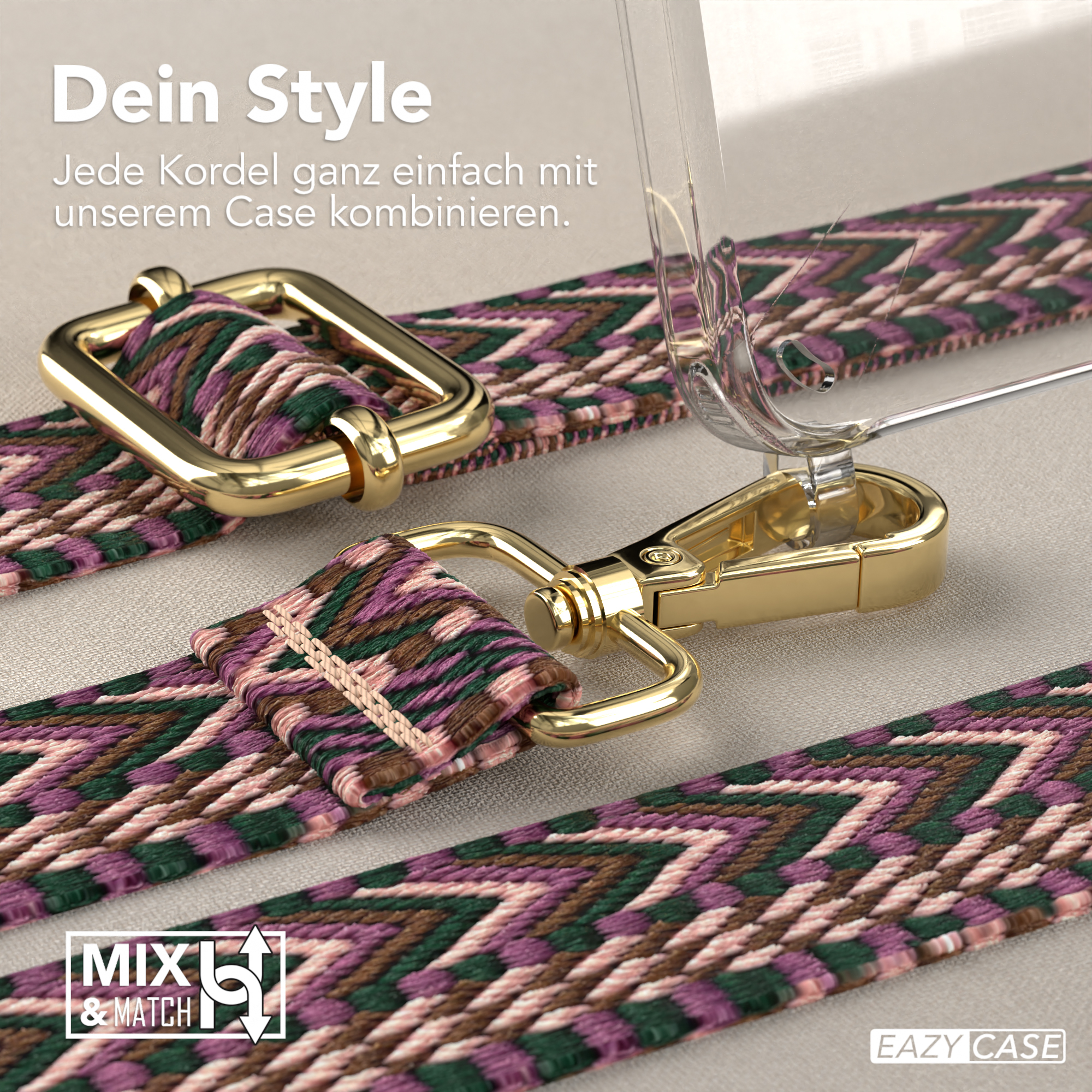 Nahaufnahme einer Handyhülle mit angebrachtem Riemen. Der Riemen hat mehrere Farben.