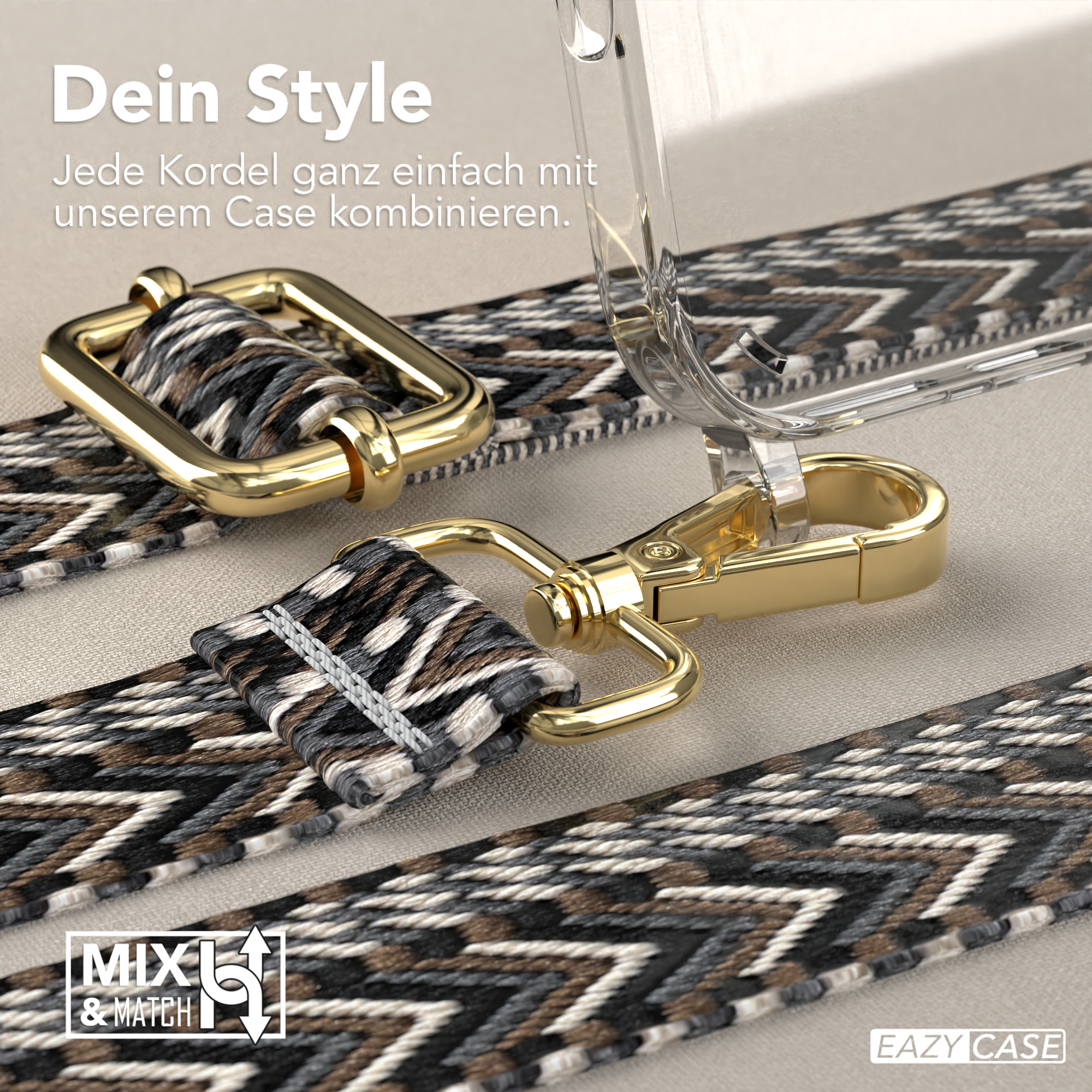 Handyhülle mit gemustertem Gurt und goldfarbenen Verschlussdetails. Nahaufnahme.