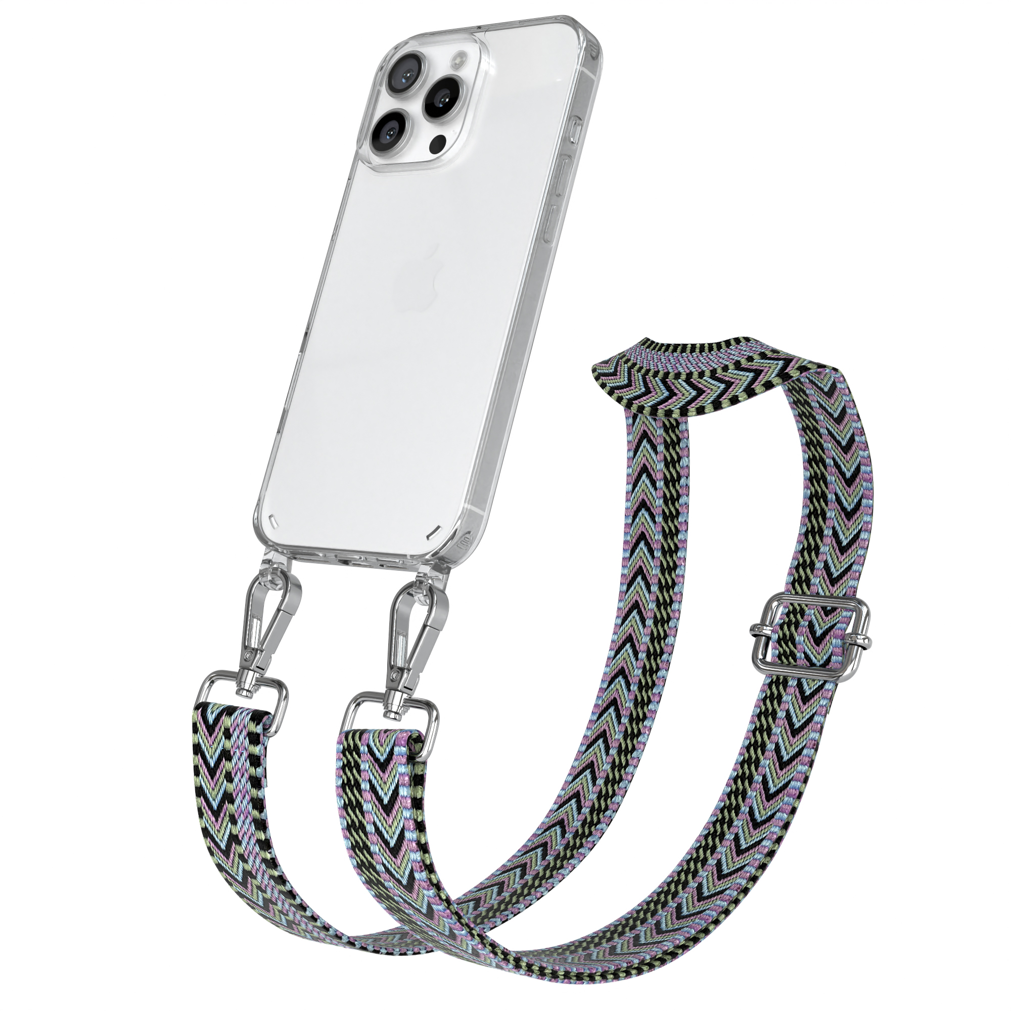 Telefon mit transparenter Hülle und buntem Gurt. Gurt hat schwarze, grüne und lila Muster.