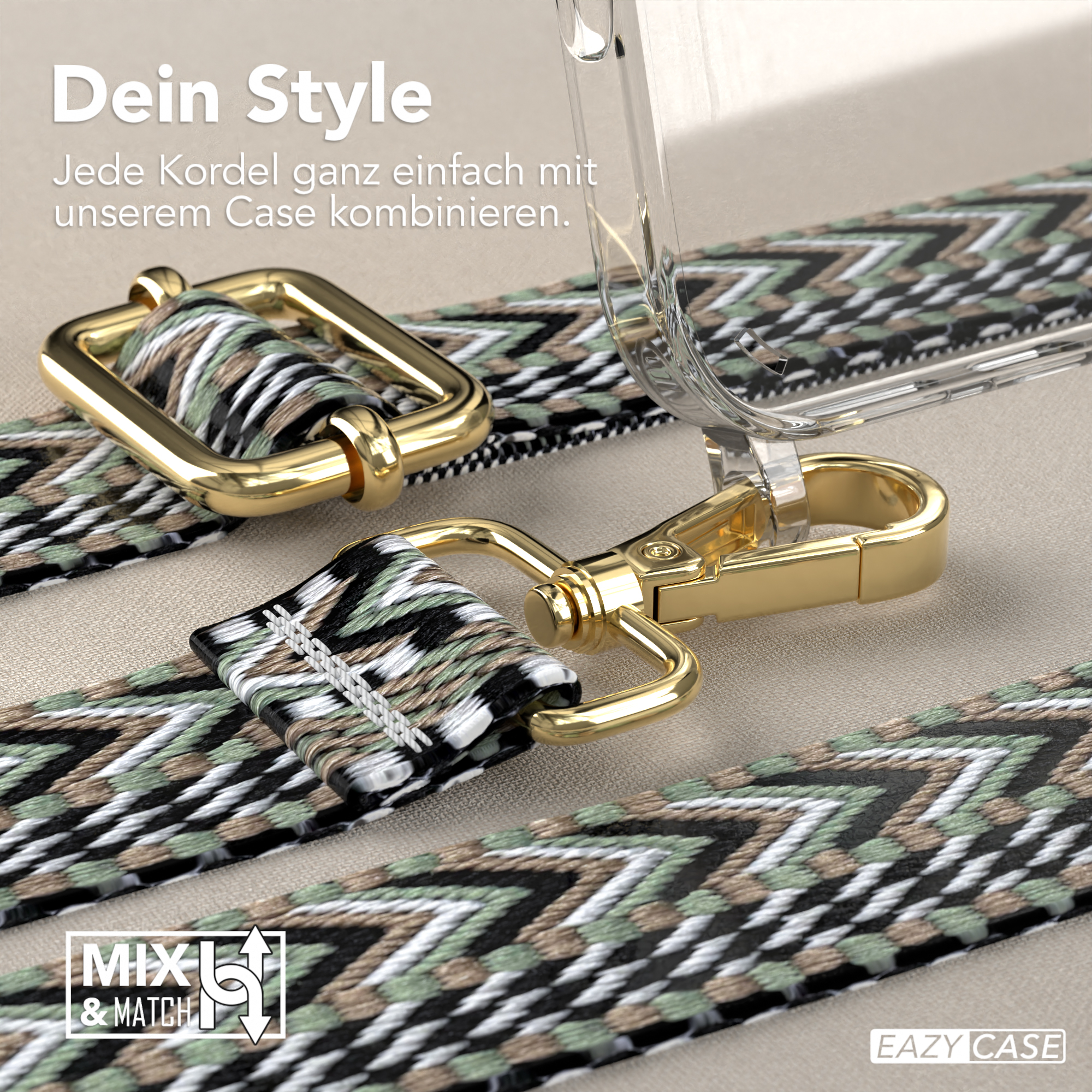 Nahaufnahme einer Handyhülle mit Trägern. Grüne und braune Farben. Goldene Hardware. Mix & Match.