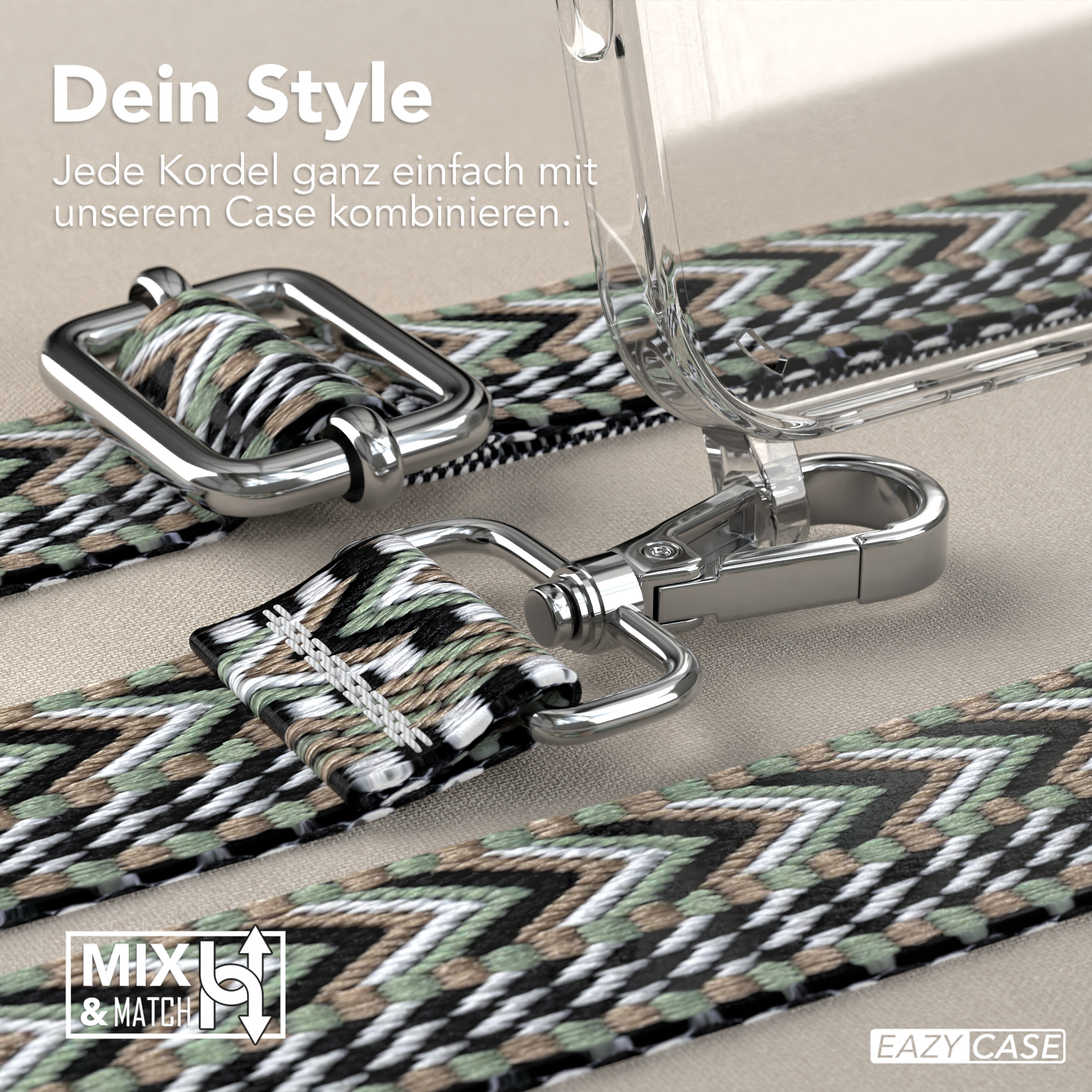 Nahaufnahme einer Handyhülle mit Riemen und Metallverschlüssen. Eine transparente Handyhülle ist ebenfalls abgebildet.
