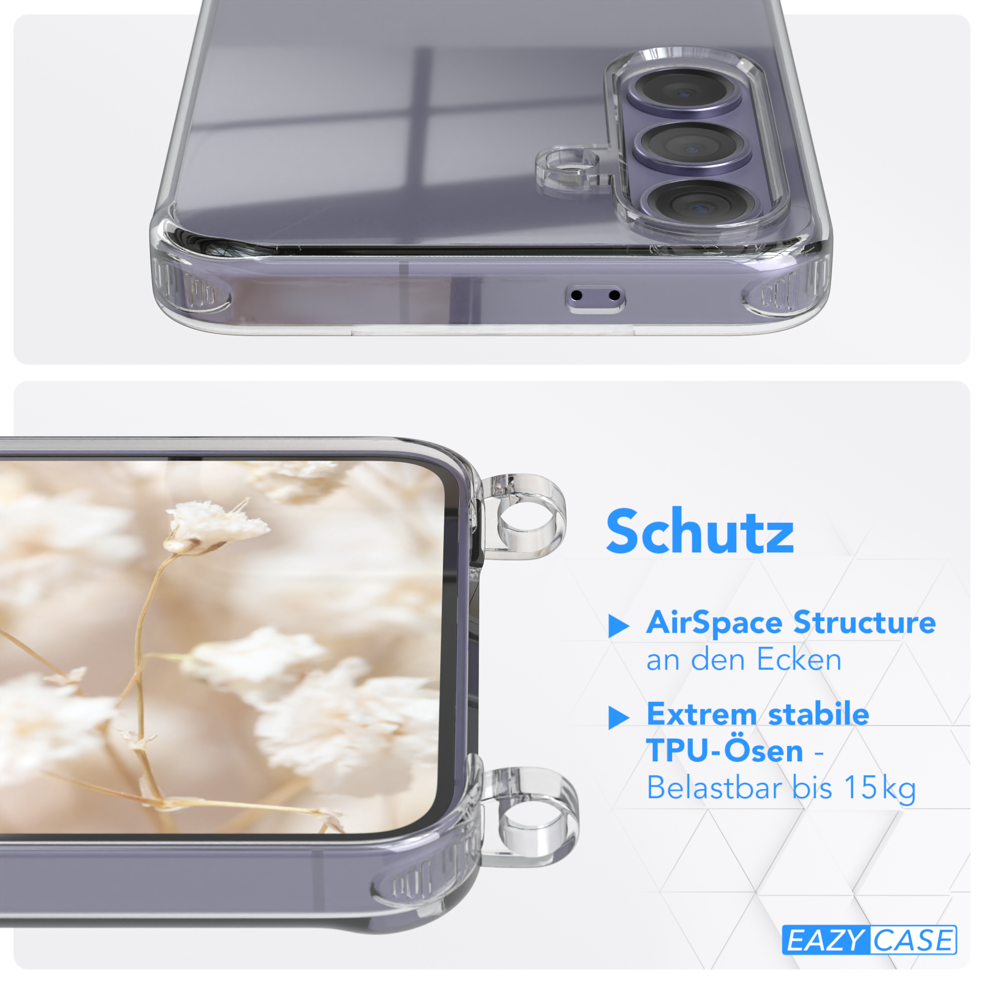 Eine transparente Handyhülle mit floralem Hintergrund. Die Hülle ist transparent und zeigt das Design.