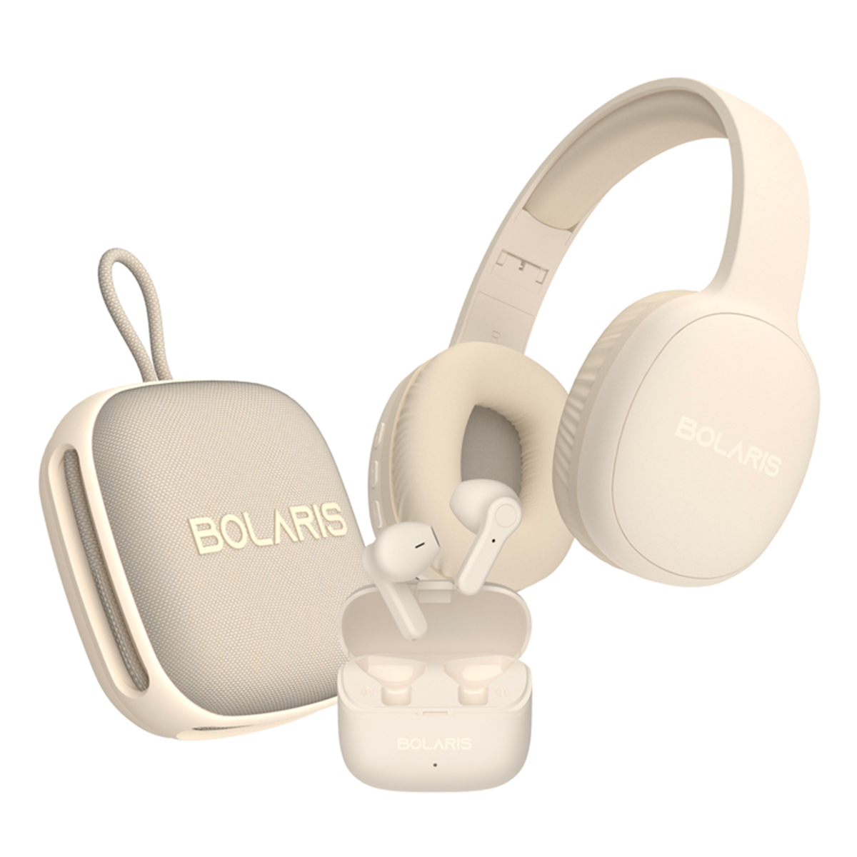 Ohrhörer, Ladecase und Over-Ear-Kopfhörer in Off-White.