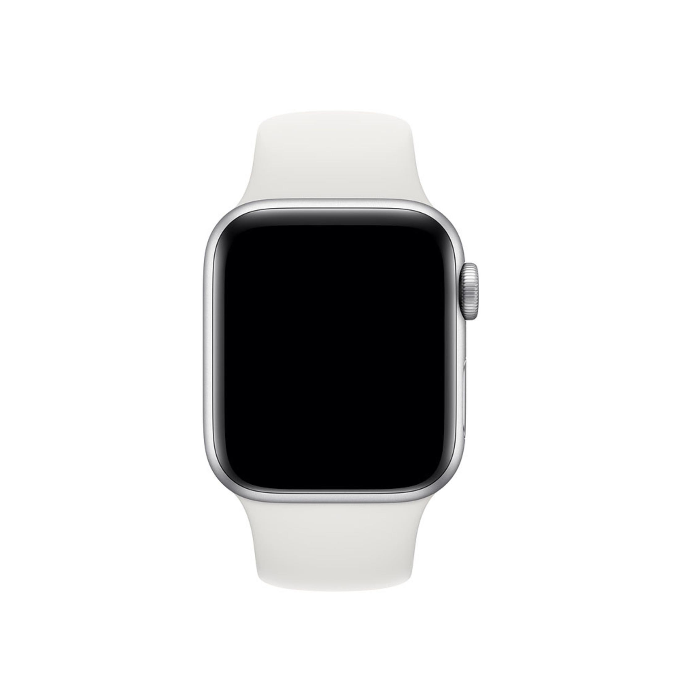 Eine silberne Apple Watch mit schwarzem Bildschirm und weißem Band, von vorne betrachtet, zentriert auf weißem Hintergrund.