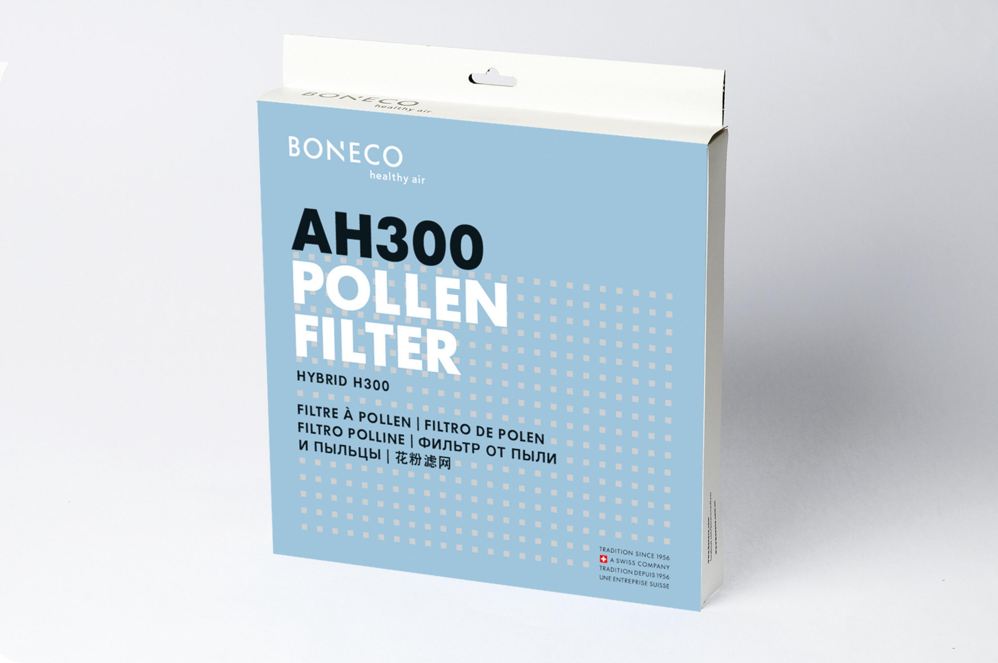 Pudełko z napisem "AH300 POLLEN FILTER" i logo "healthy air".