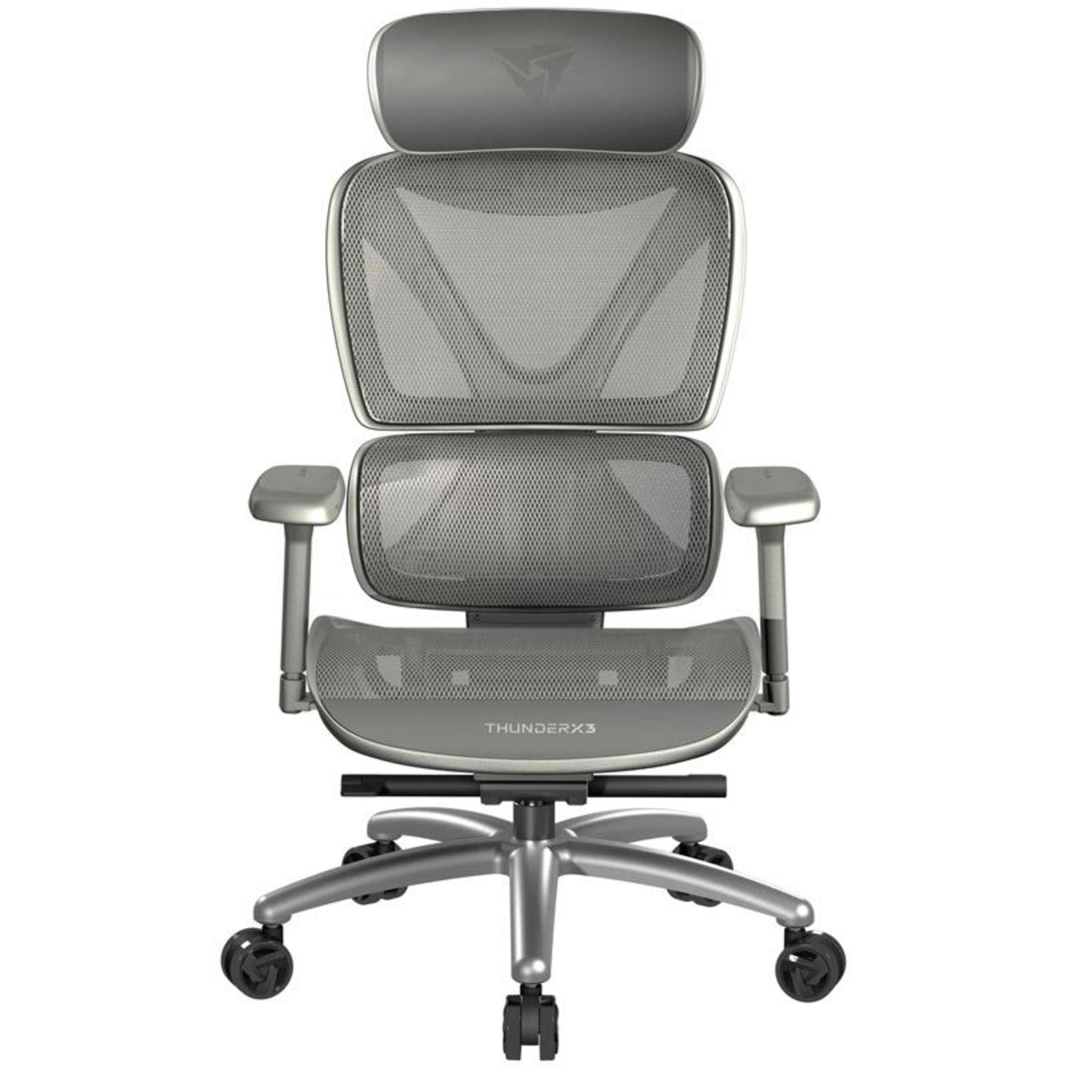Grauer ergonomischer Bürostuhl mit Kopfstütze, Armlehnen und Rollen.