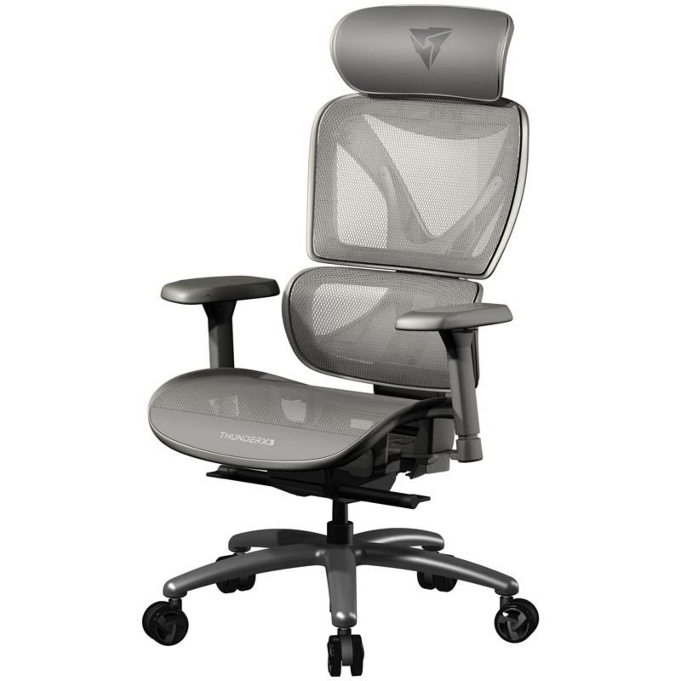 Grauer ergonomischer Bürostuhl mit Kopfstütze, Netzrücken, Armlehnen und Rollen.