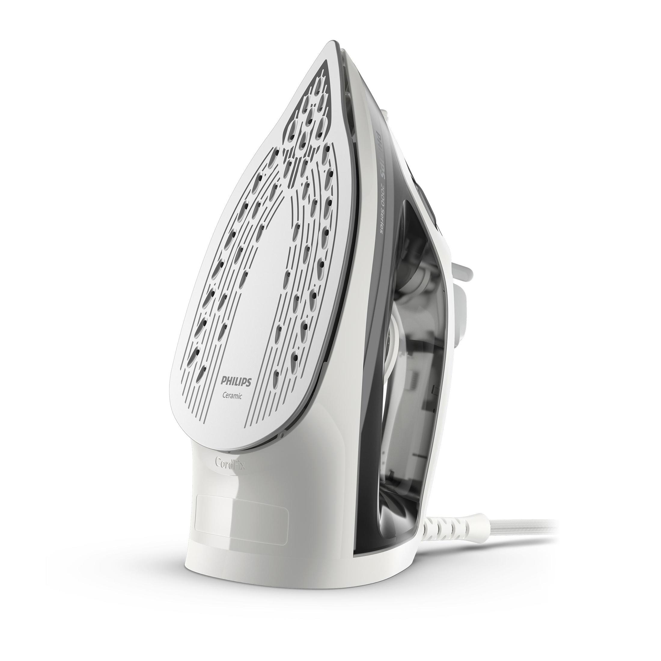 Białe i czarne żelazko Philips. Widoczna stopa, z logo Philips.