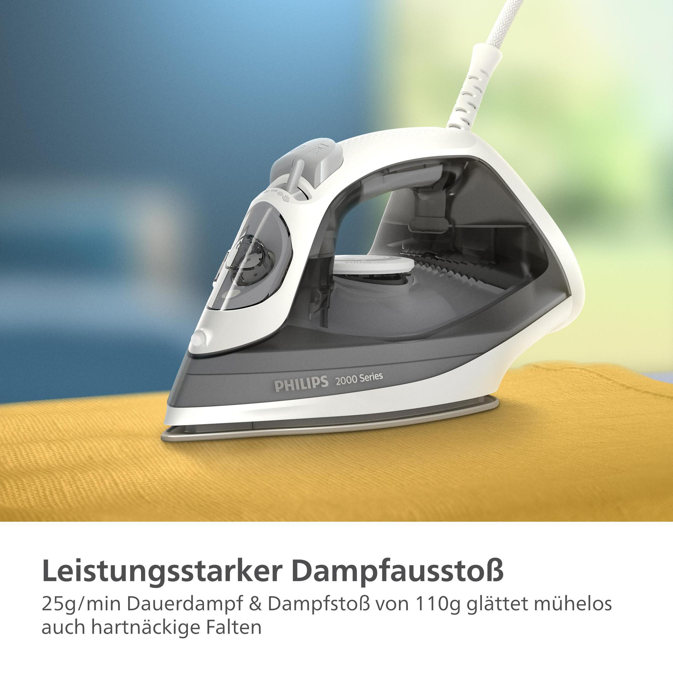 Białe i szare żelazko, prasujące na żółtej odzieży. Tekst: Leistungsstarker Dampfausstoss.