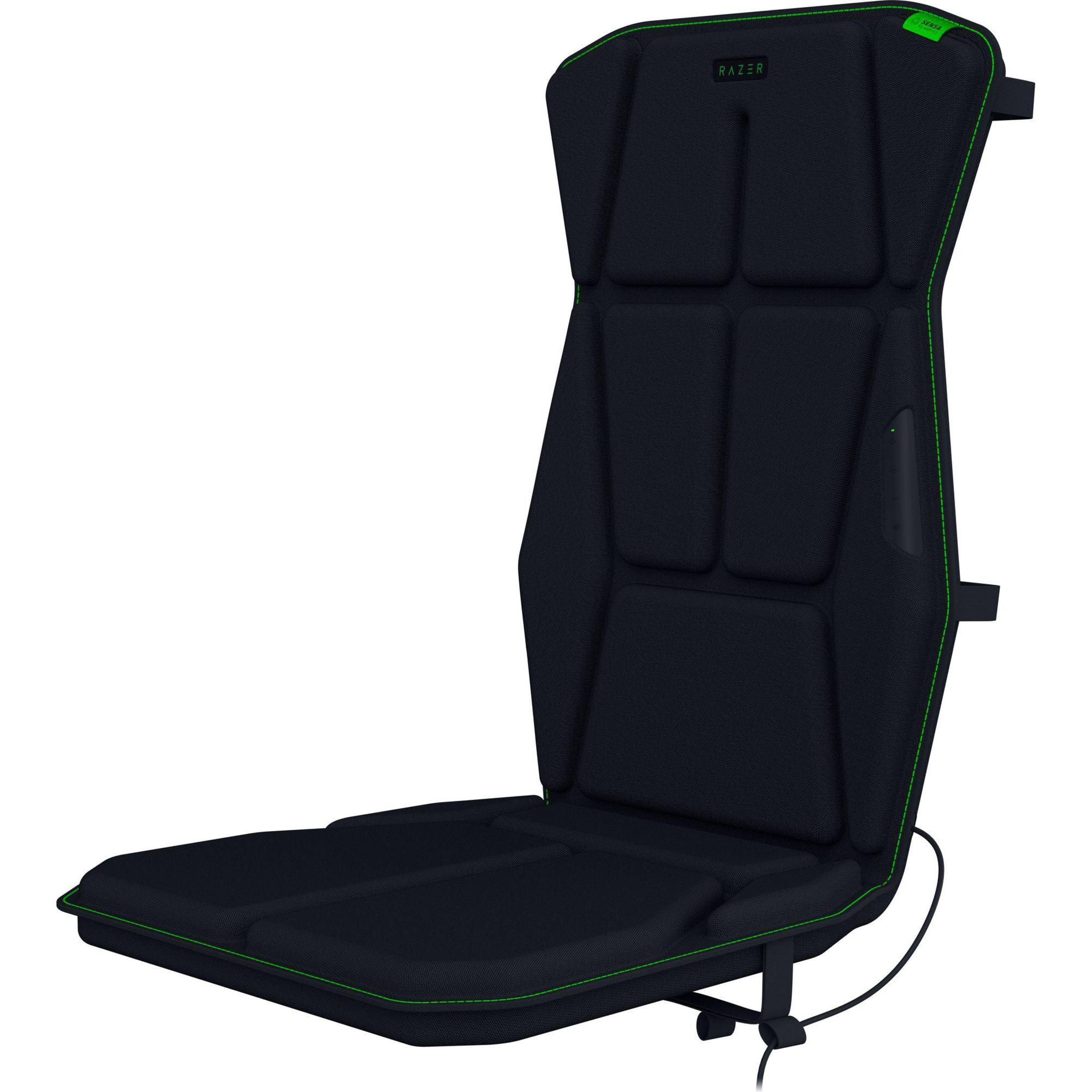 Schwarzer Gaming-Stuhl mit Razer-Logo. Er hat grüne Akzente und eine Netzrückenlehne.