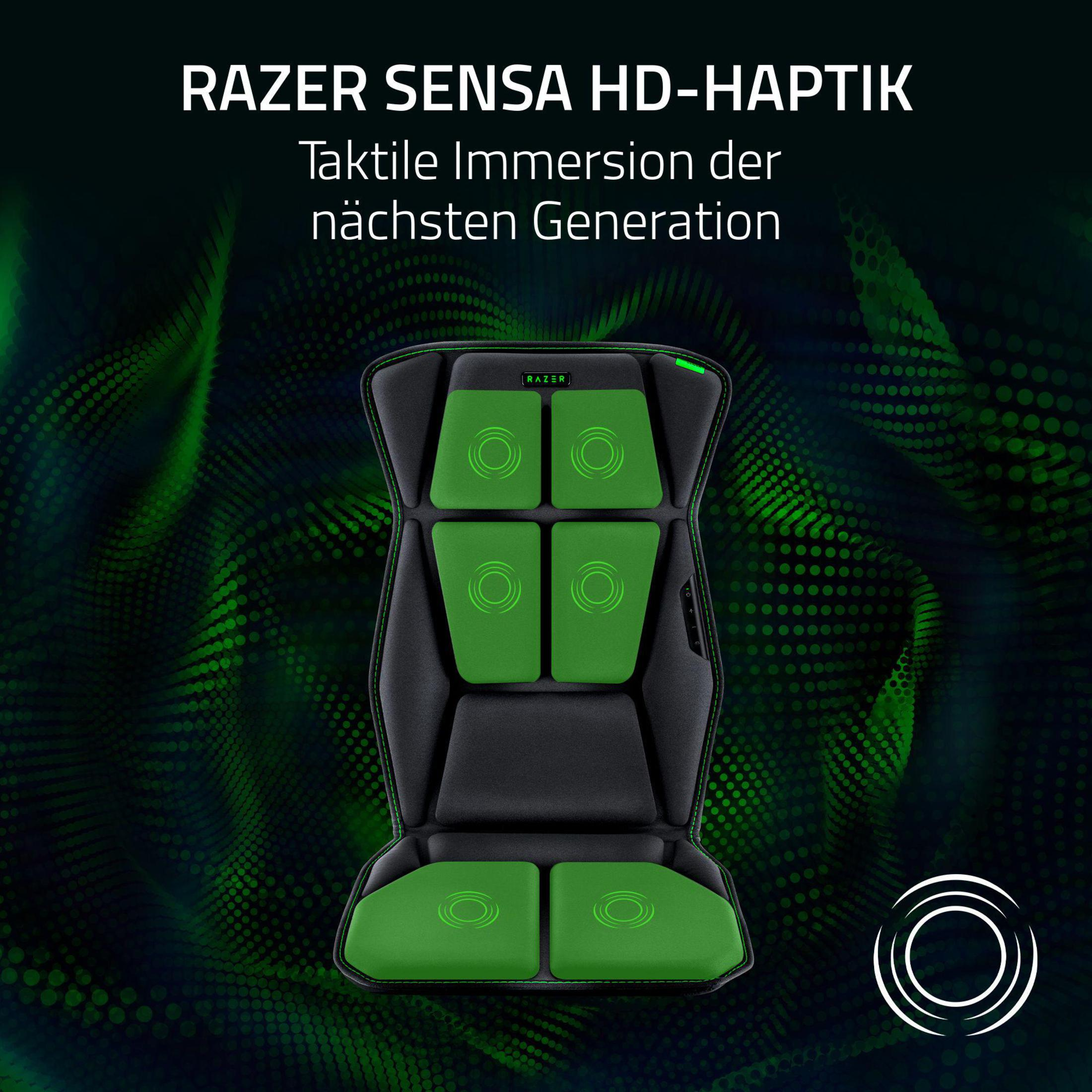 Eine schwarz-grüne Gaming-Rückenlehne. Der Sitz hat grüne Polster.