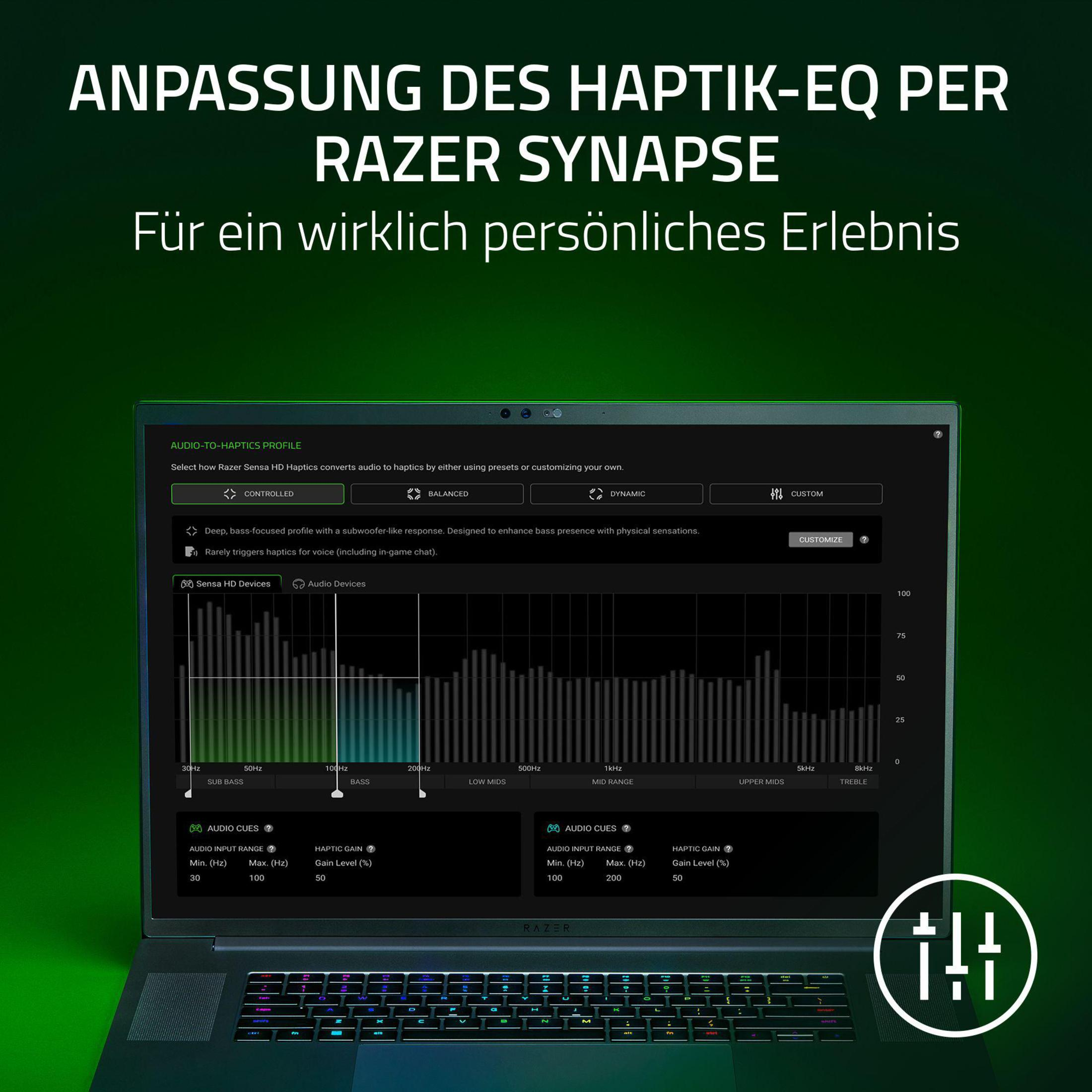 Laptop-Bildschirm mit Razer Synapse-Oberfläche für Haptic-EQ-Anpassung mit Diagramm und Einstellungen.
