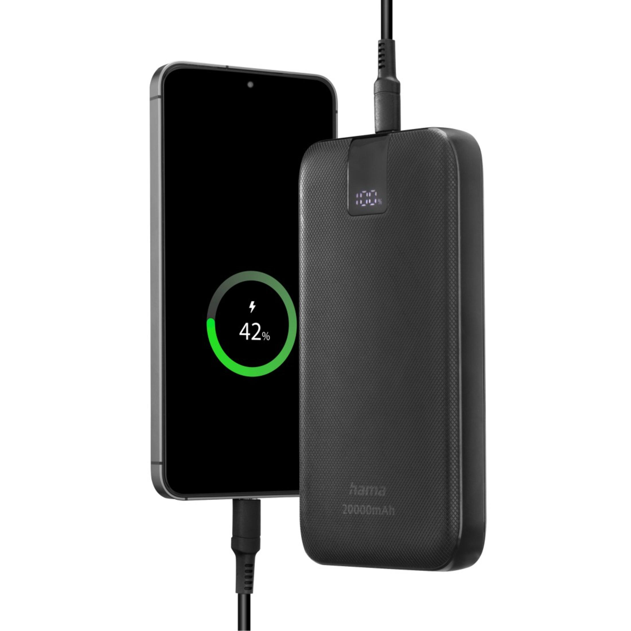 Power bank nera che carica un telefono. Il telefono mostra il 42% di carica.