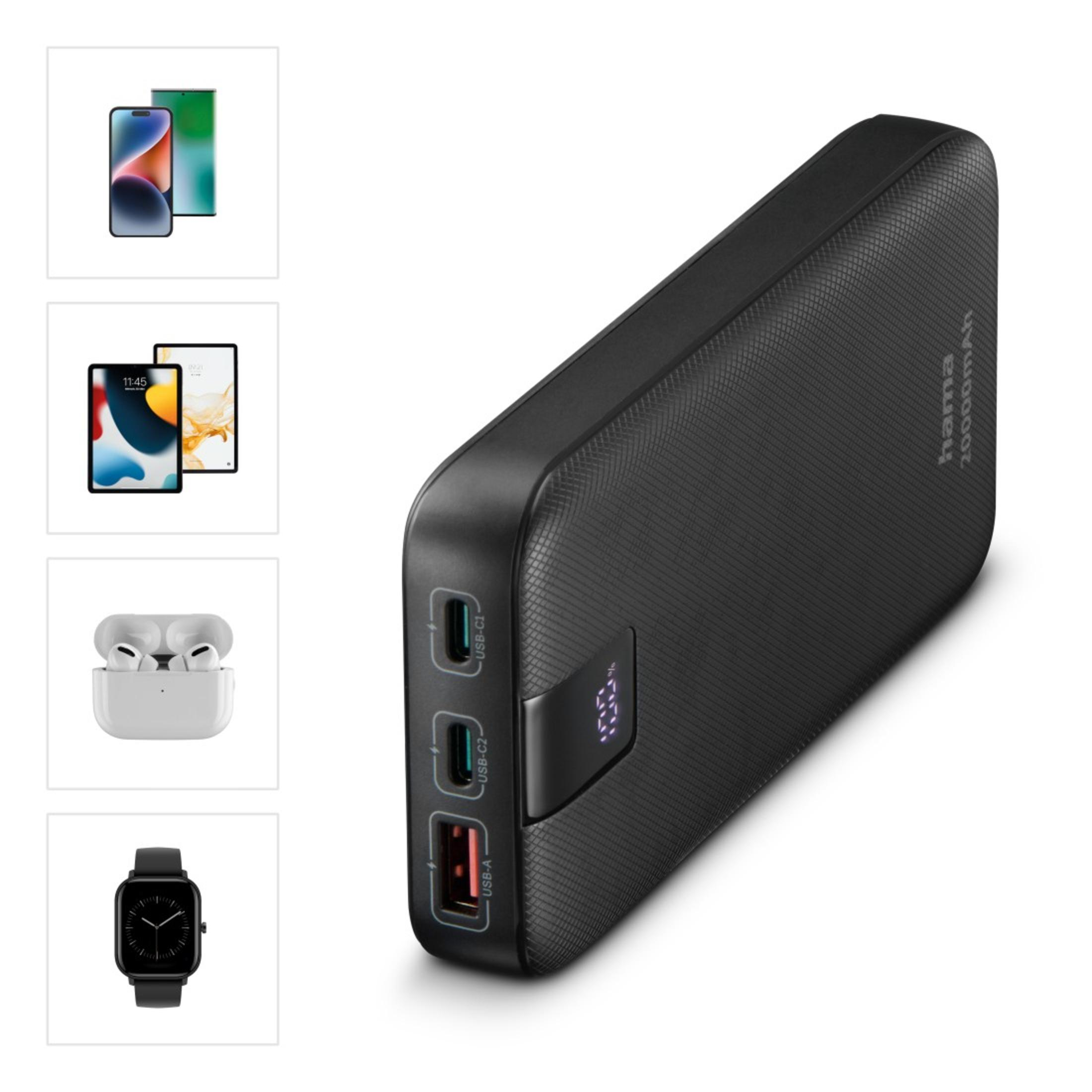 Power bank nero con porte USB e display. Piccole immagini di telefono, tablet, auricolari e orologio a sinistra.