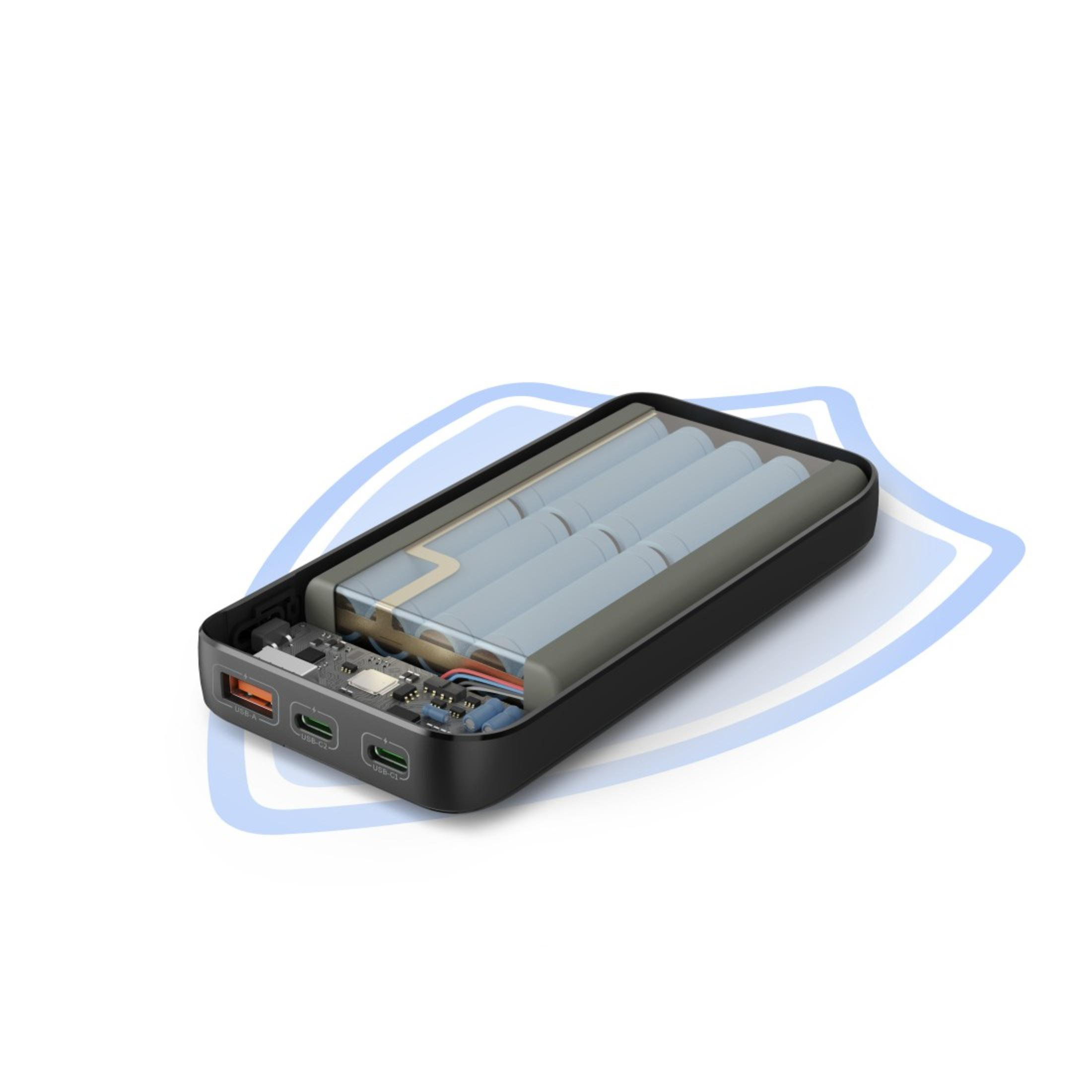 Power bank nero con spaccato che mostra batterie interne e componenti.