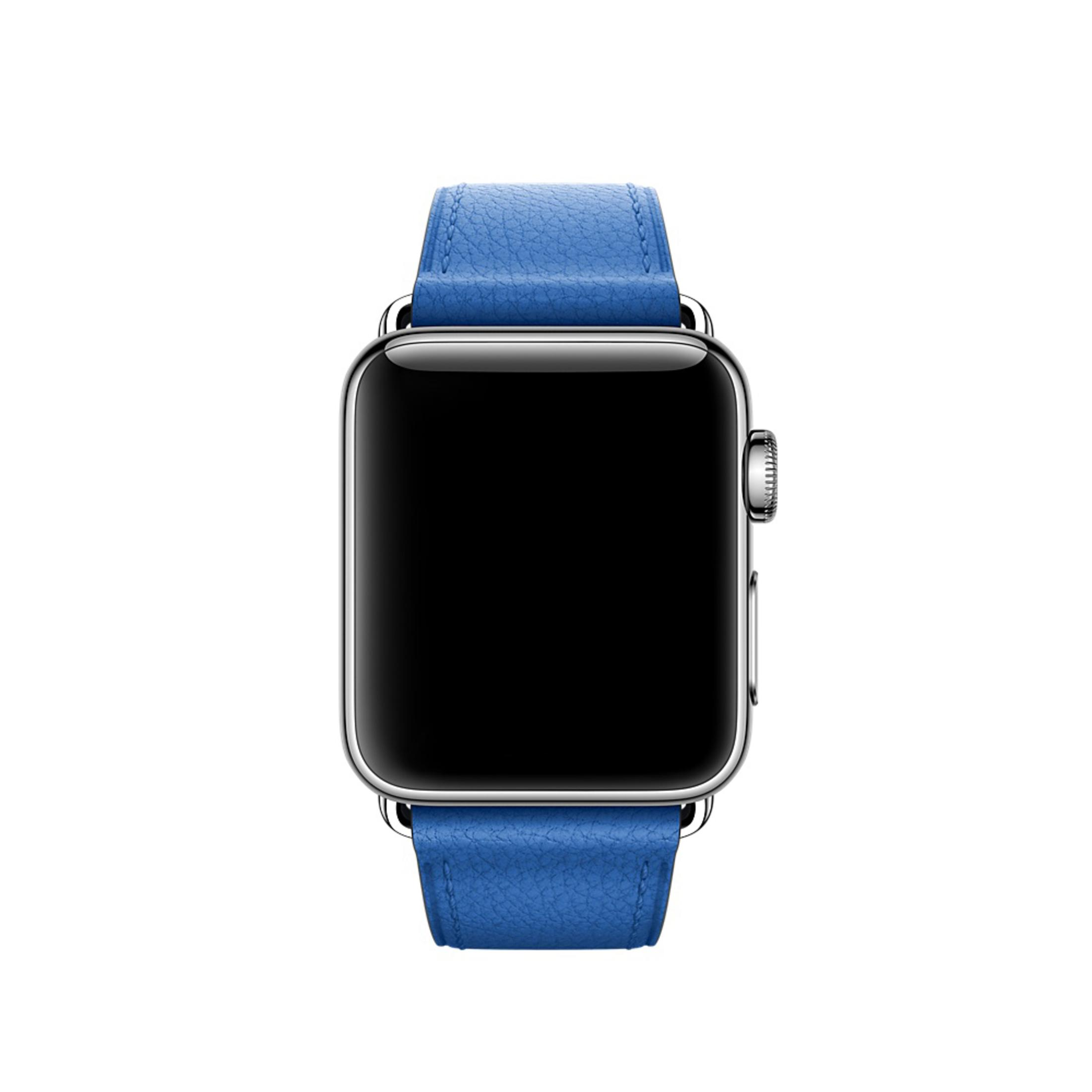 Zegarek Apple z czarnym ekranem i niebieskim skórzanym paskiem, na białym tle.