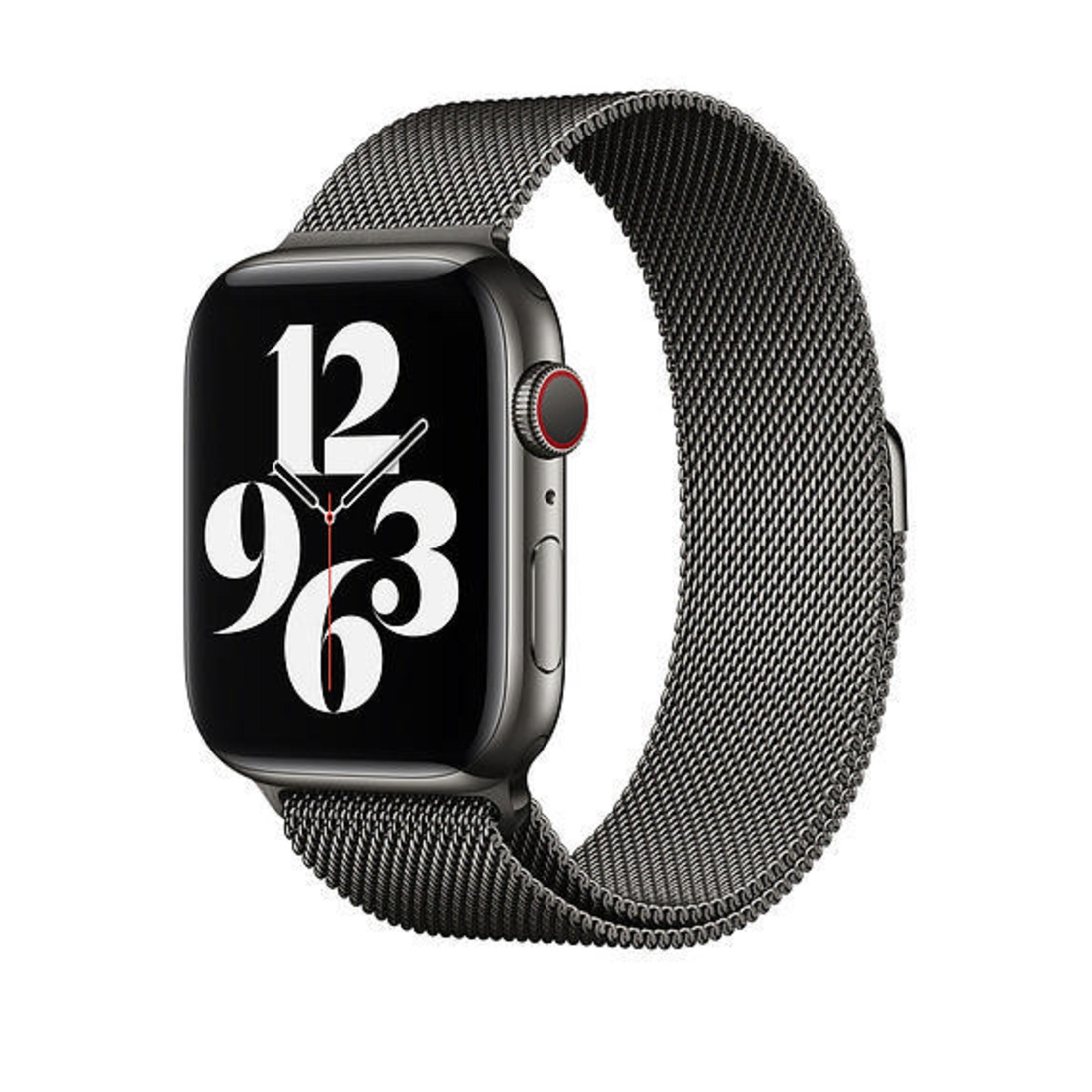 Eine Apple Watch mit dunkelgrauem Metallarmband, zeigt die Uhrzeit auf dem Bildschirm.