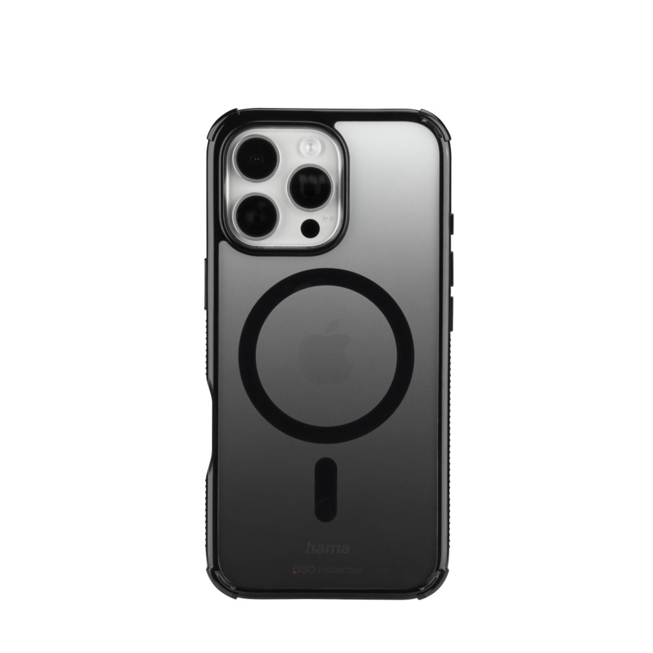 Custodia per telefono nera con retro trasparente e anello nero, con logo Apple.