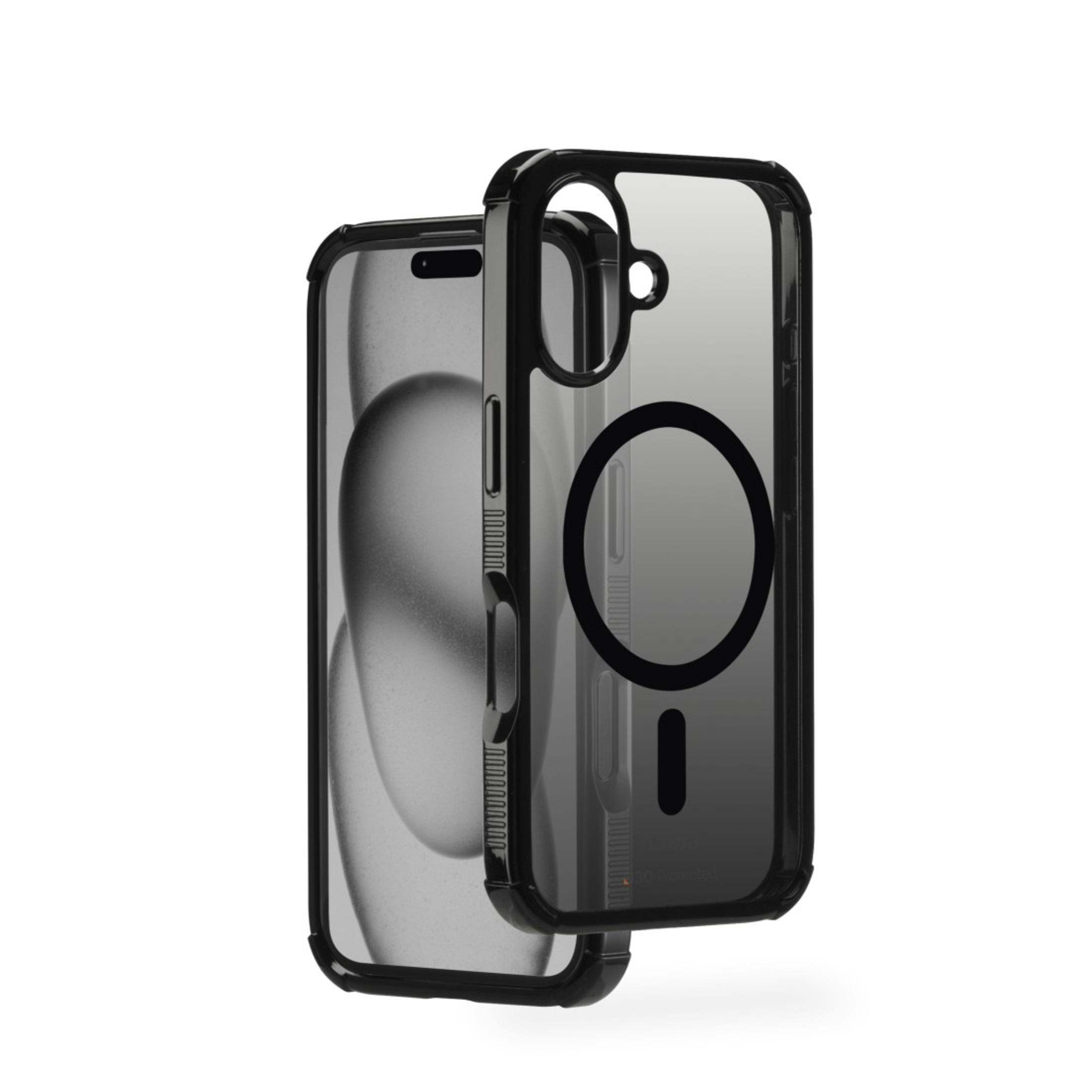 Custodia trasparente per telefono con anello nero e bordo nero. Sfondo bianco.