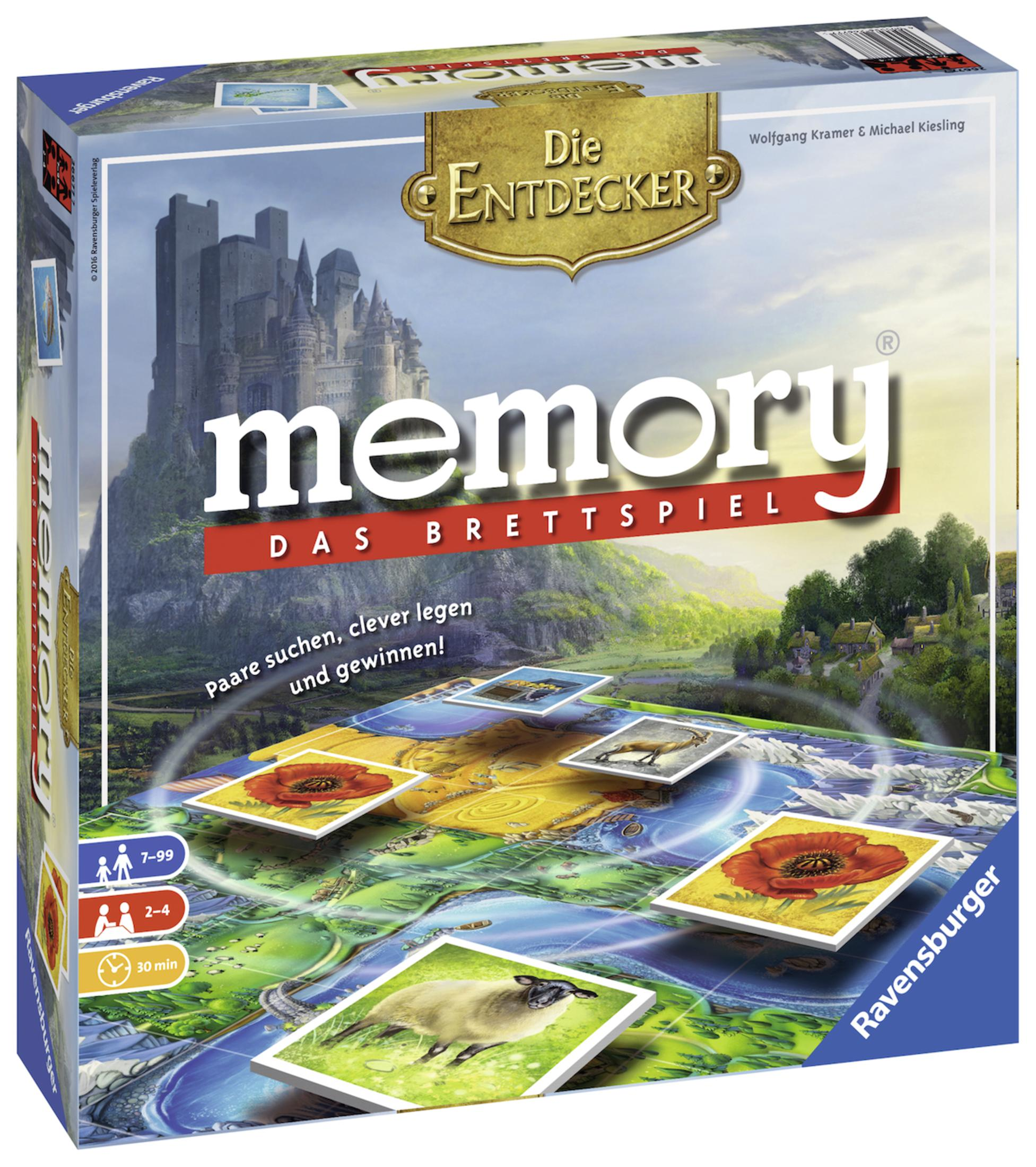 Eine Brettspielbox mit Burg, Landschaft und dem Titel 'Memory' in großen Buchstaben.