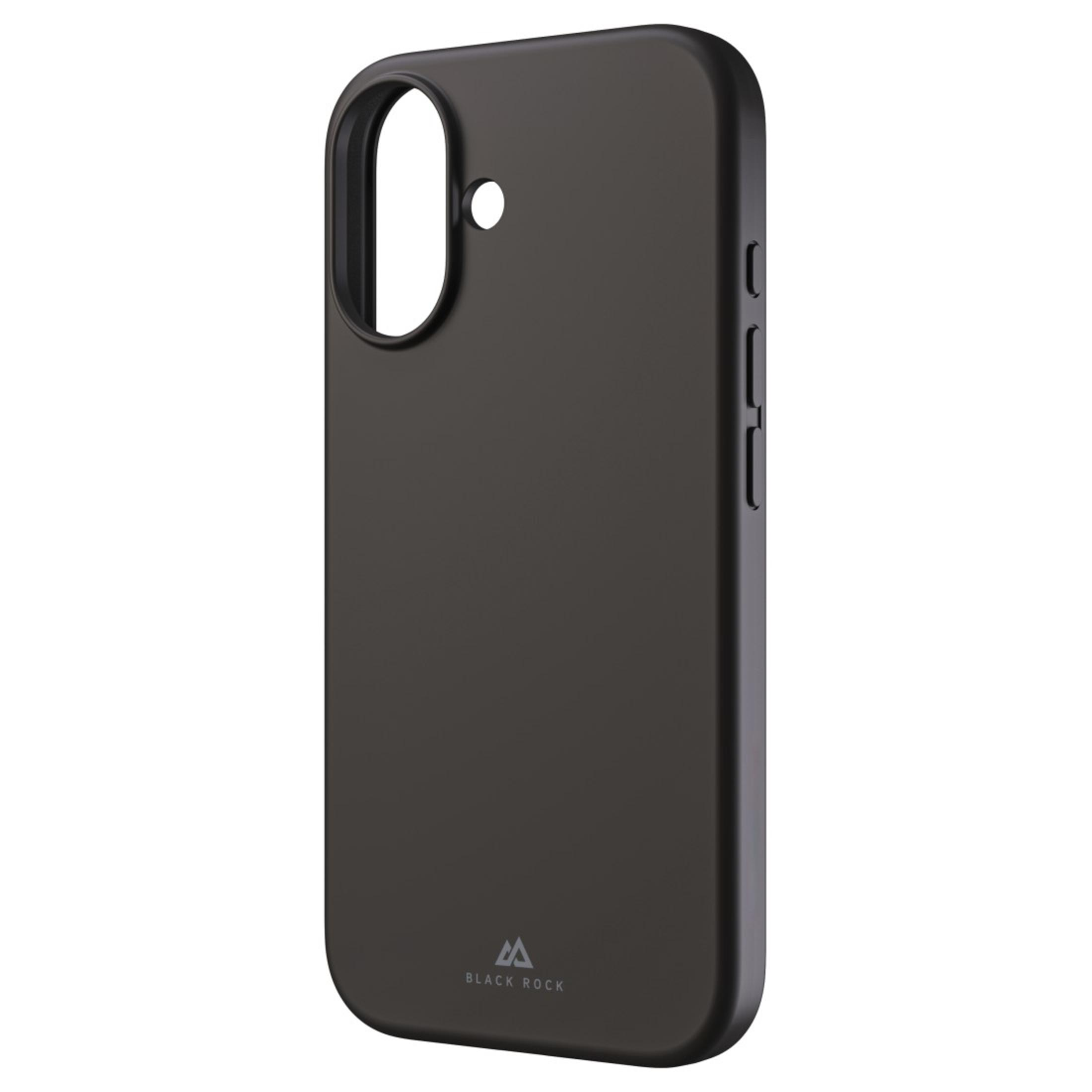 Una custodia nera per telefono con un foro per la fotocamera, isolata su sfondo bianco.