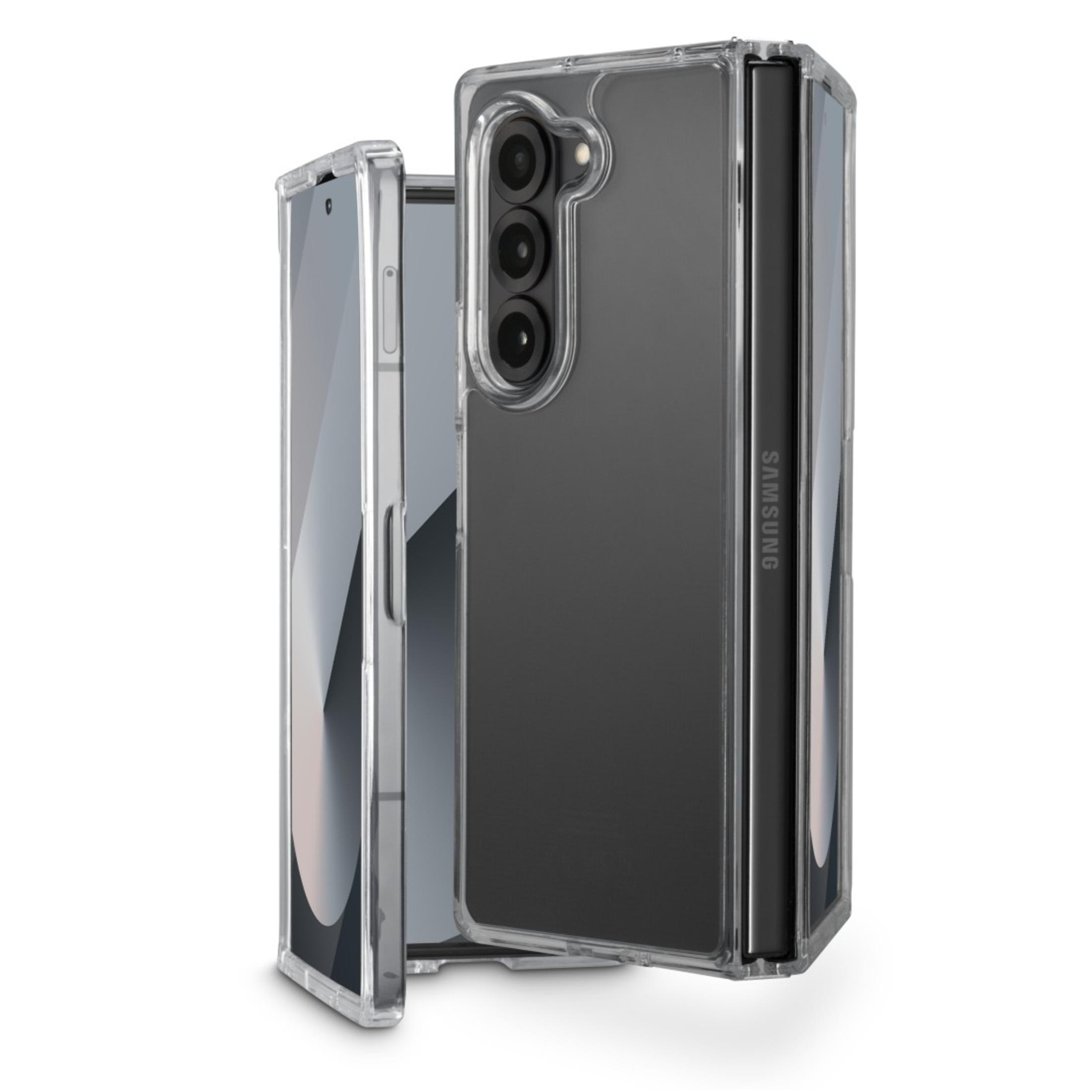 Coque de téléphone transparente protégeant un téléphone. Le téléphone est plié.