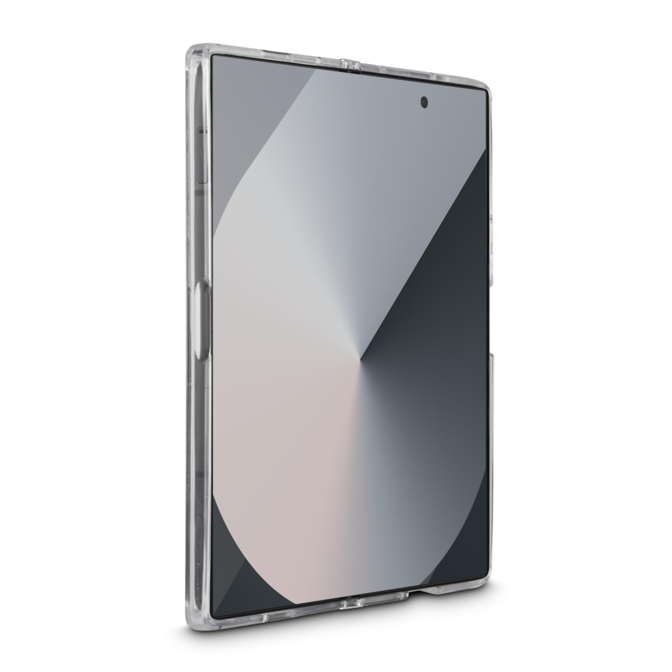Téléphone pliable dans un étui transparent, affichant un design circulaire dégradé gris et noir.