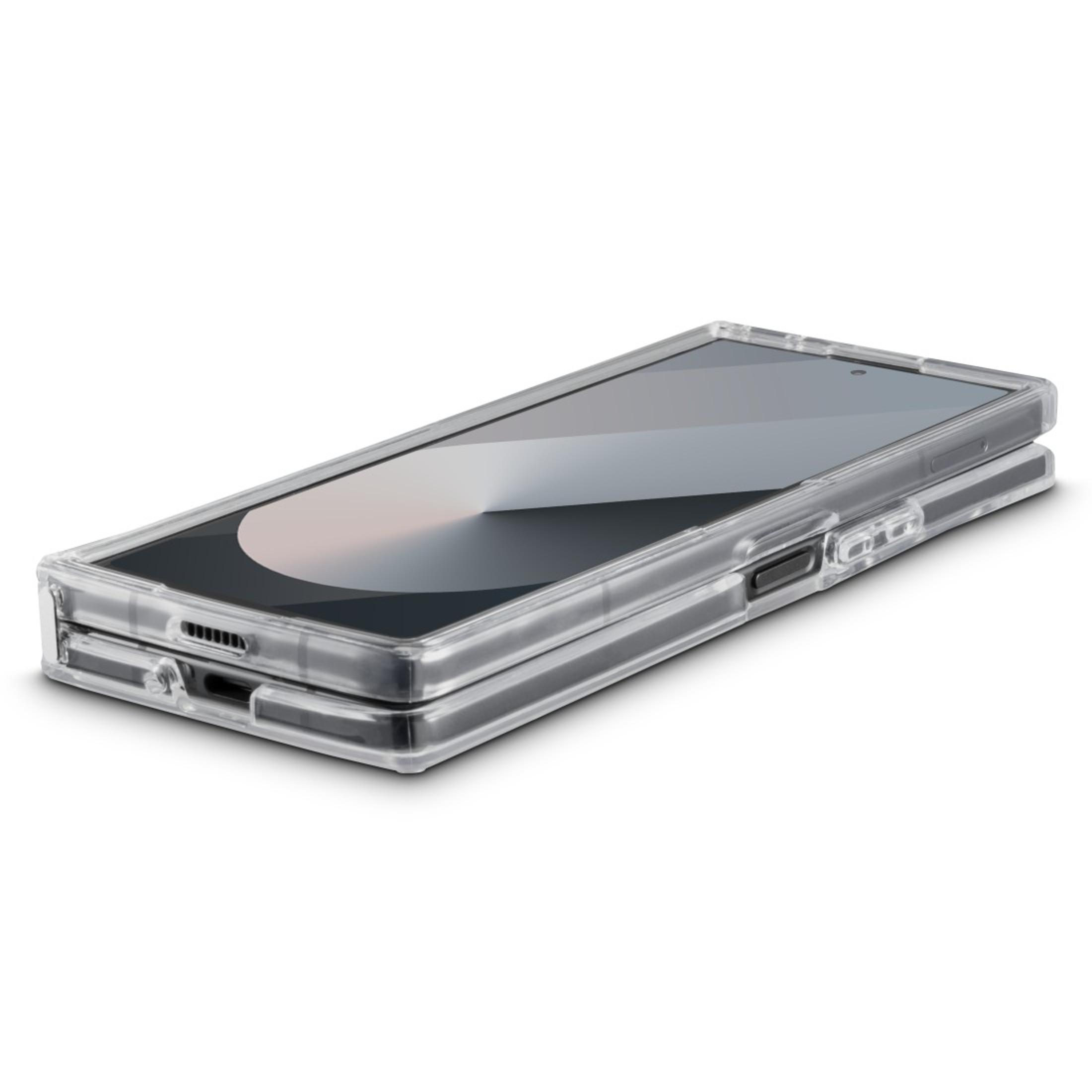 Téléphone pliable dans un étui transparent.